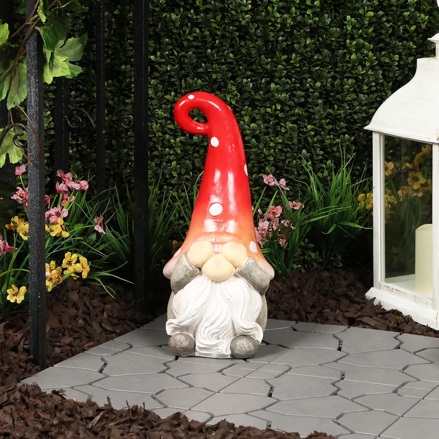 Alpine Corporation 17” Tall Outdoor Garden Gnome Yard Decoration - See No Evil Statue - Gnome with Red Polka Dot Hat – Durable, Weatherproof Decor for Patio & Deck