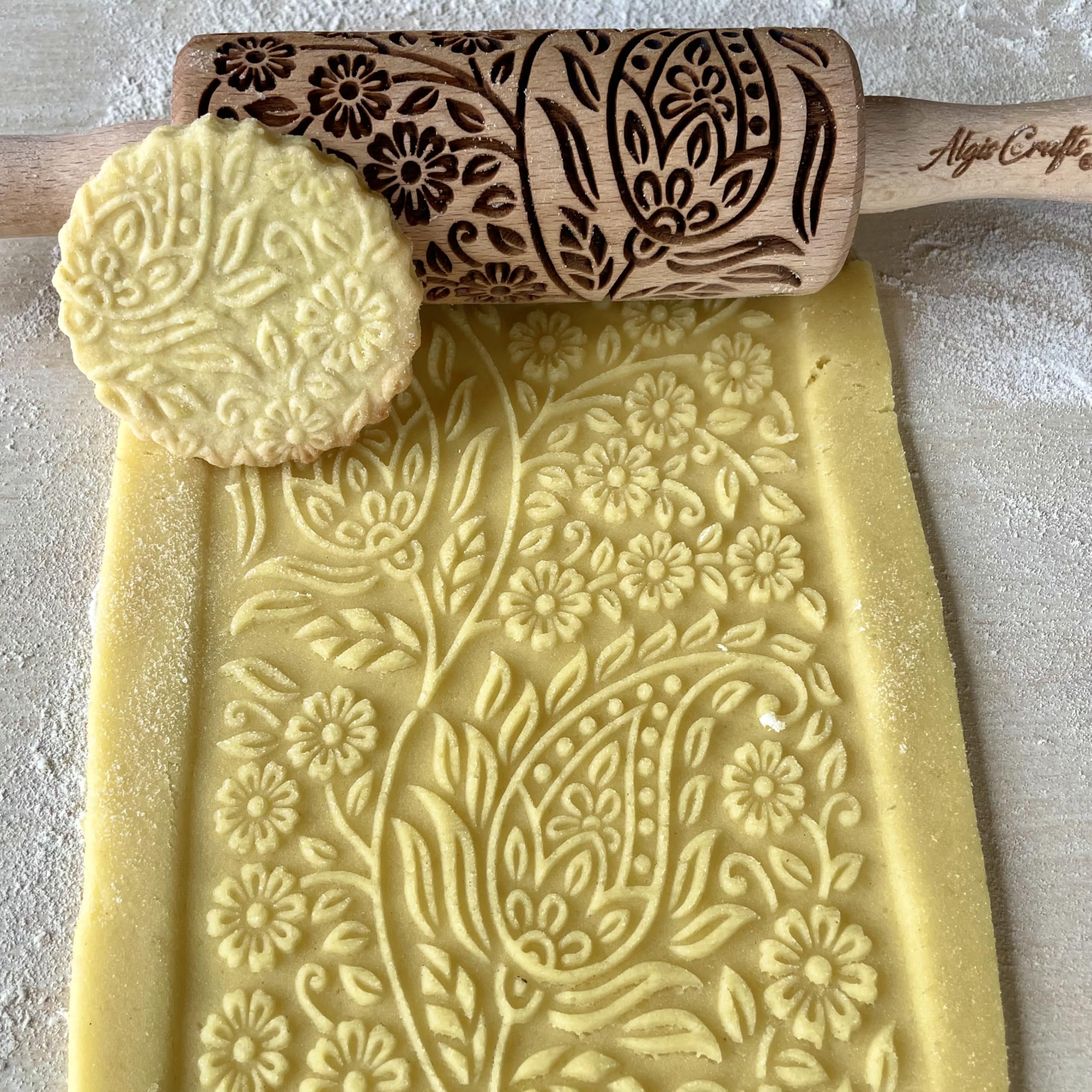 Mattarello Decorativo per Biscotti FIORE - Set di 3 Mattarelli Piccoli | Mattarello Inciso | Rullo per Biscotti e per Modellare per fai da te | Mattarello Legno Goffrato di Algis Crafts