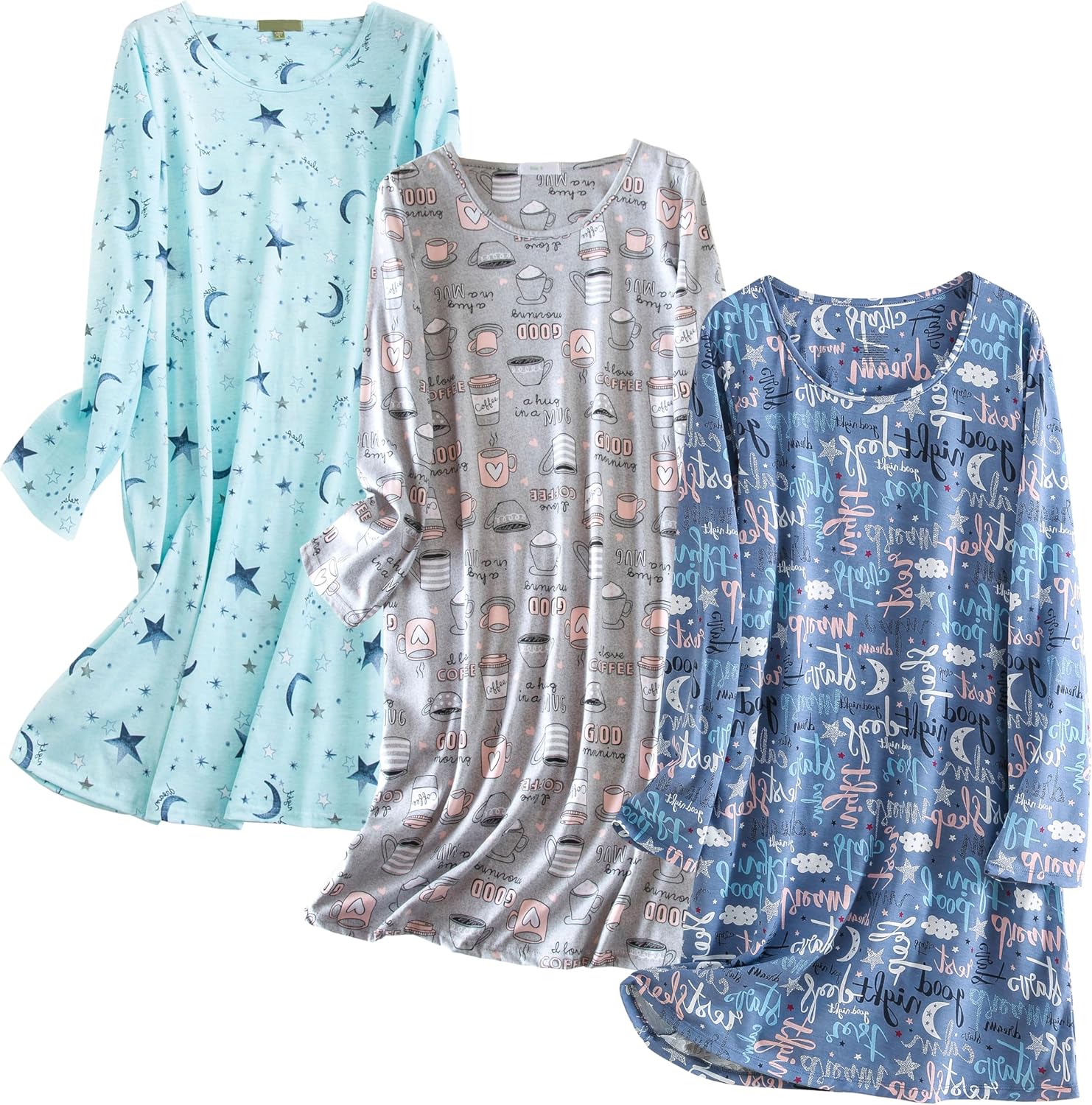 PNAEONG 3 Pack Women's Nightgown, Long Sleeve Sleep Shirts Comfy Soft Nightshirt Women Pajama Sleep Dress Cotton Sleepwear