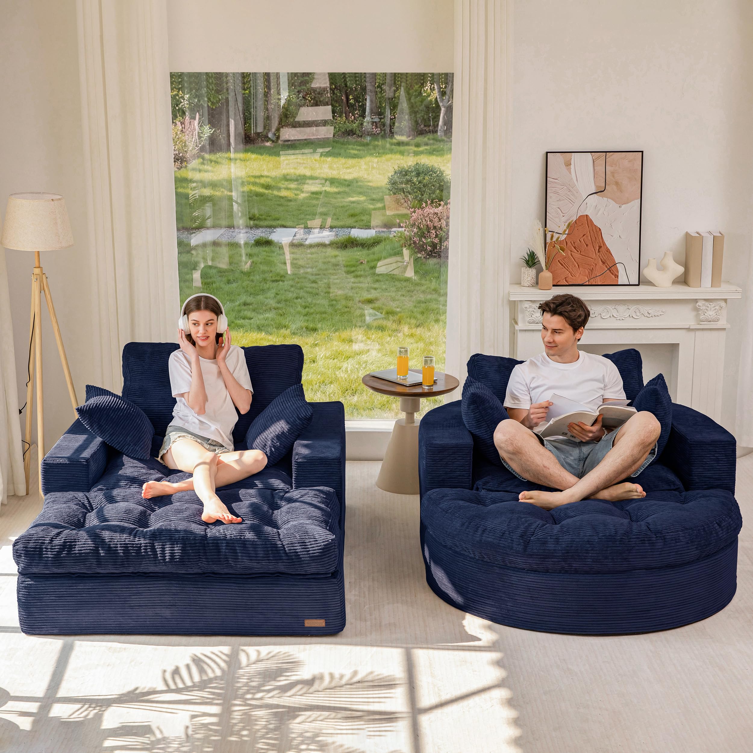 MAXYOYO Modular Sectional Chaise Lounge Sofa, 2 Sets Upholstered Lounge Chair with Ottoman, Comfy Round+ Square Couch with Layered Cushion, Tufted Chair for Living Room, No Assembly, Navy