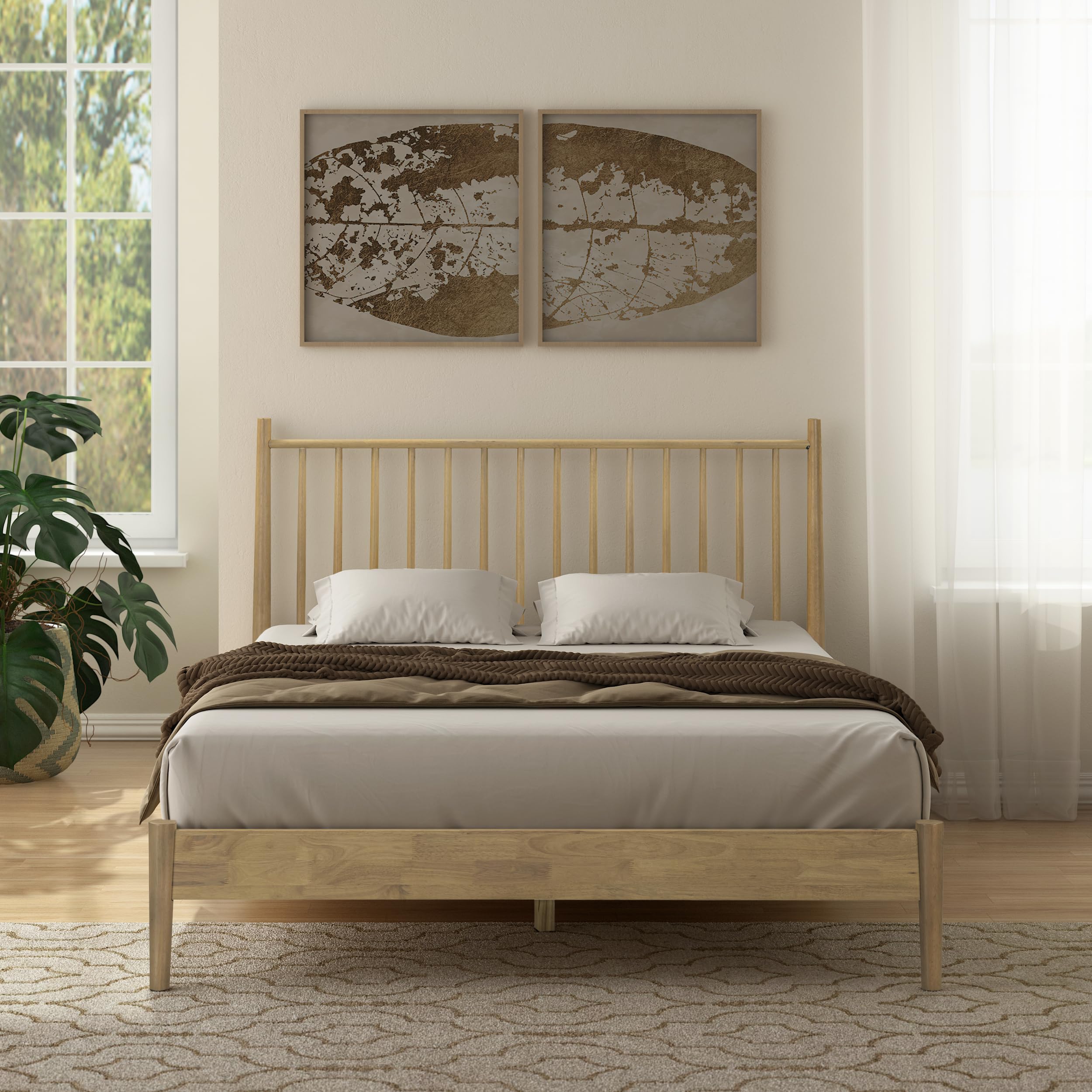 NTC Inno Wooden Bed Frame with Headboard, Solid Oak and Rubber Wood Foundation with Silent Slats and Wood Central Supports, 1000 Lb Capacity,