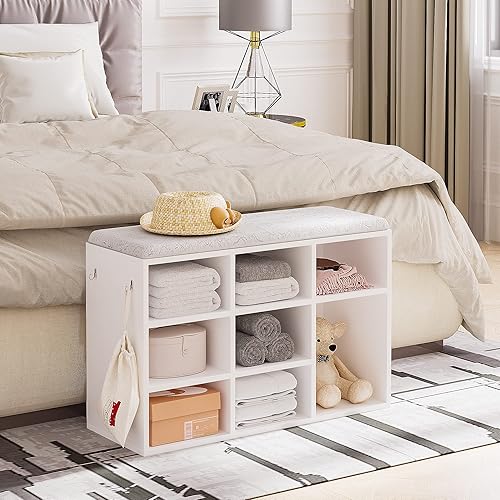 Miniatura 7 de WOOVIVS Banco de zapatos de 31.5 pulgadas con estante ajustable, banco de entrada con cojín extraíble, organizador de zapatos para sala de estar,