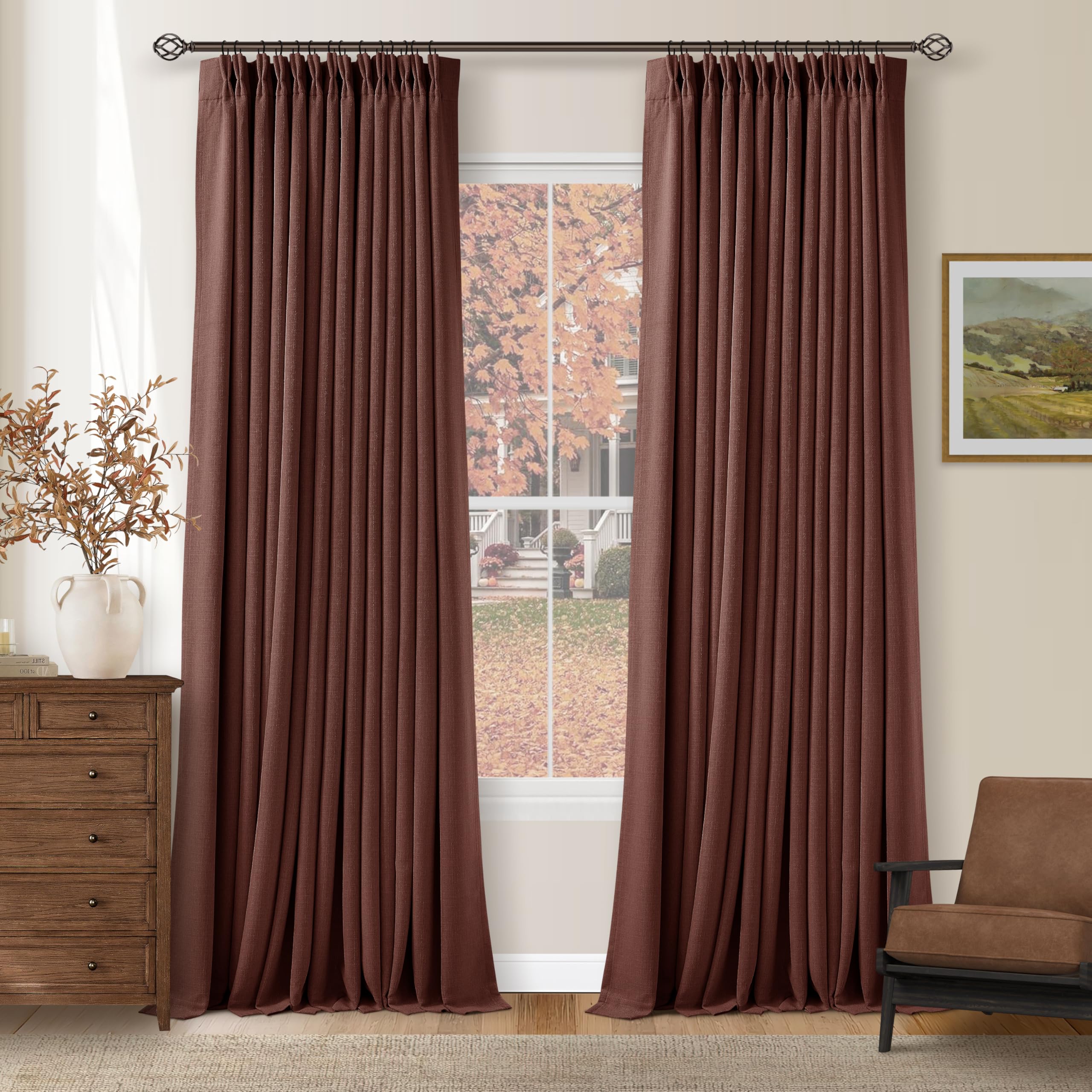 Brick Brown Pinch Pleated Blackout Linen Curtains 120 Inches Long for Living Room Bedroom 2 Panels Room Darkening Thermal Insulated Red Chestnut Country Farmhouse 100% Black Out Window Curtain Drapes โ image 1