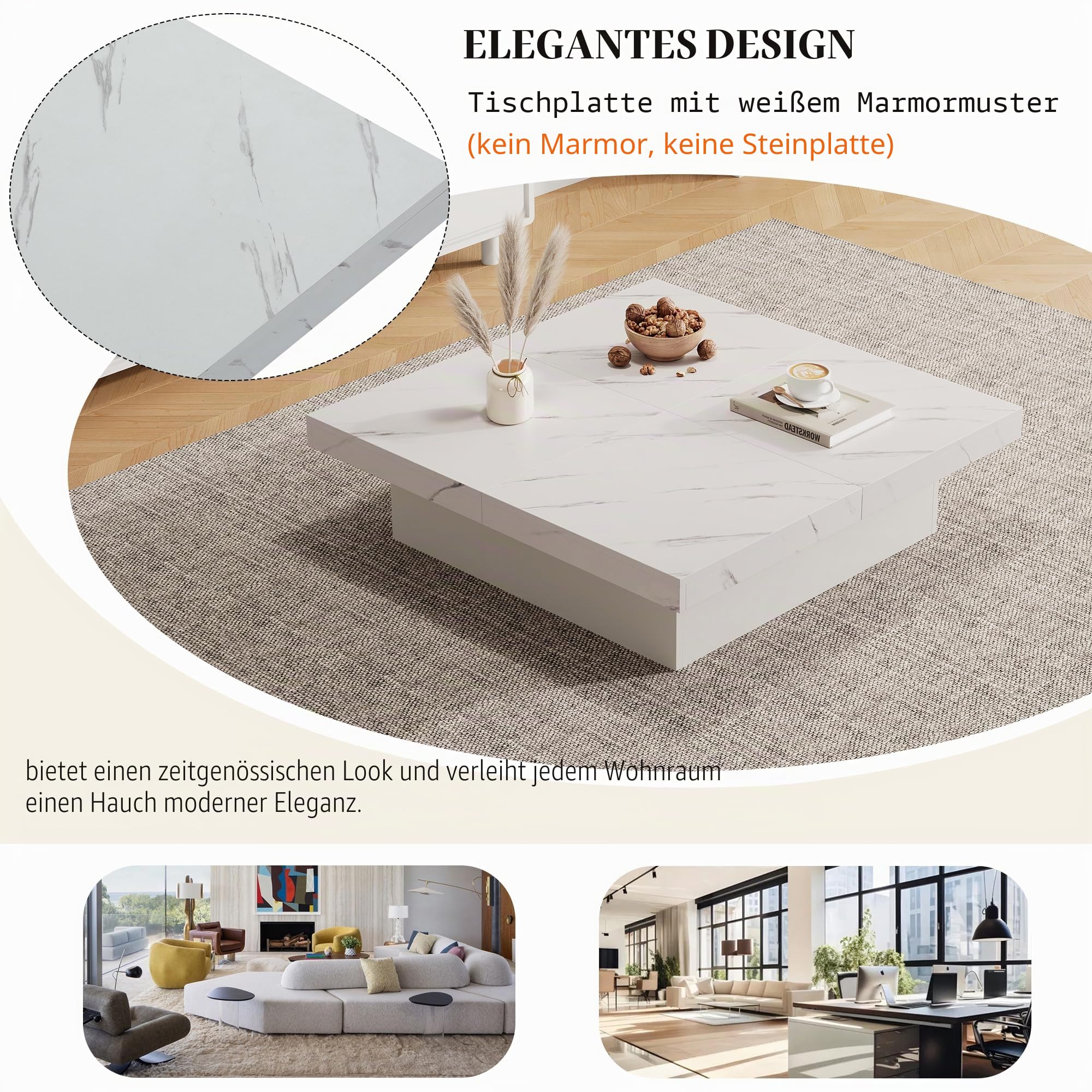 BTM Moderner Weißer Quadratischer Couchtisch mit Marmor-Optik, 90 x 90 x 25 cm – Vier Schubladen, Schiebbarer Tischplatte, Belastbar bis 30 kg