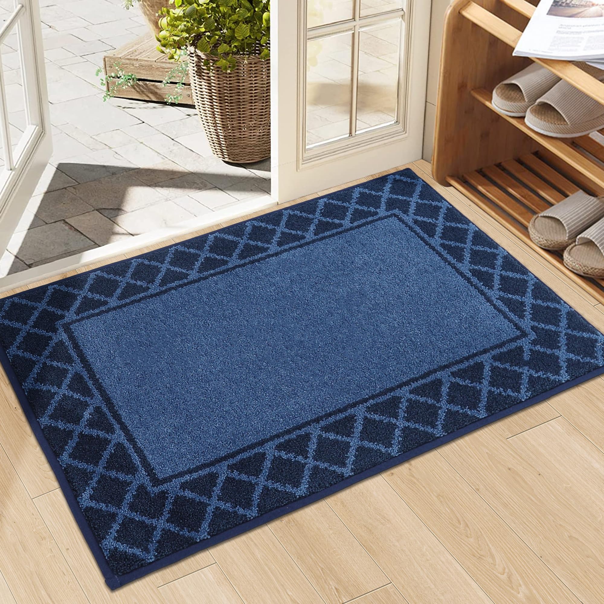 BEQHAUSE Door-Mat Dirt Trapper Entryway Rug Non-Slip Low-Profile Absorbent Indoor Welcome Mat Washable Front Door Mat for Muddy Paws,Entrance,Hallway,20" x 32",Navy Blue