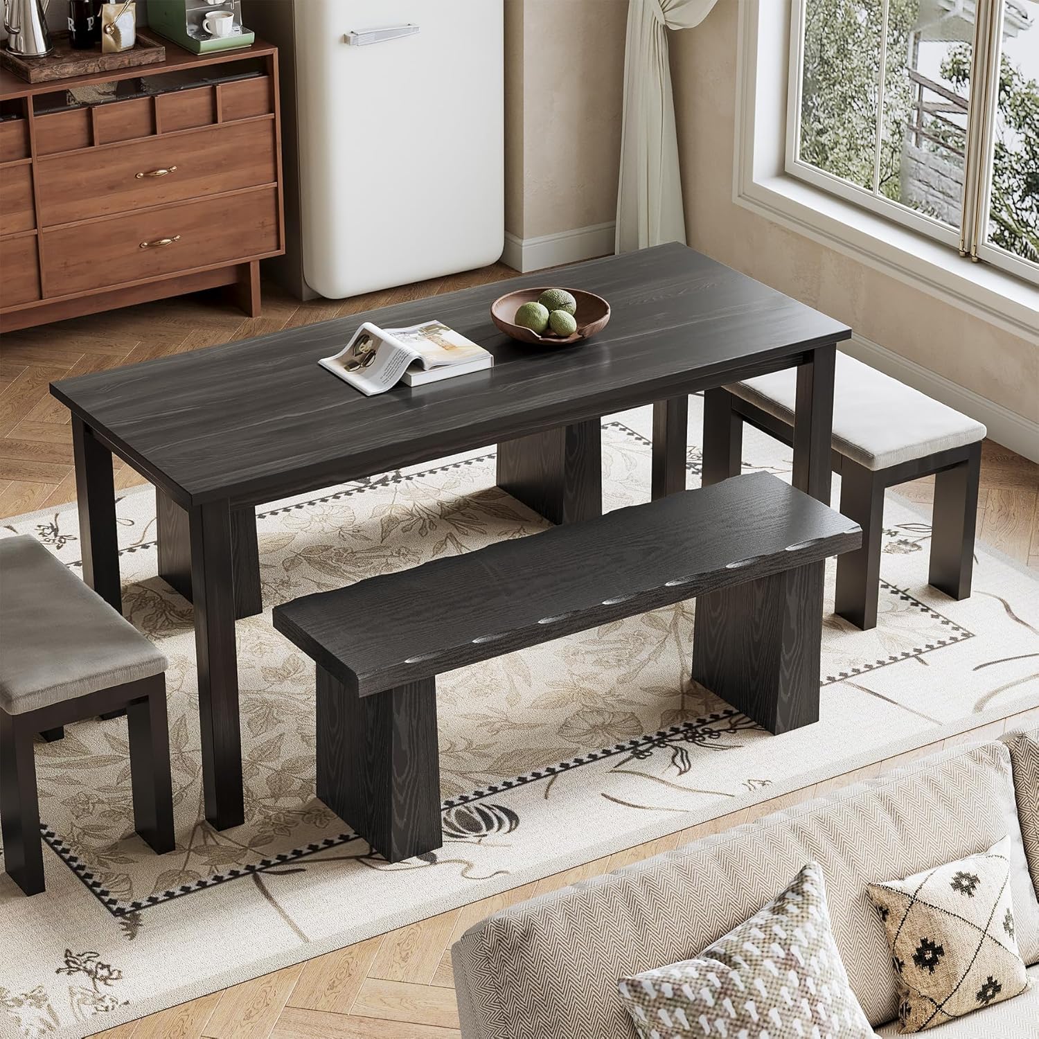 LITTLE TREE 47-Inch Wooden Entryway Bench, Farmhouse Dining Bench with Sturdy Frame for Dining Room, Bedroom, Living Room Hallway Kitchen, Easy Assembly (Black)