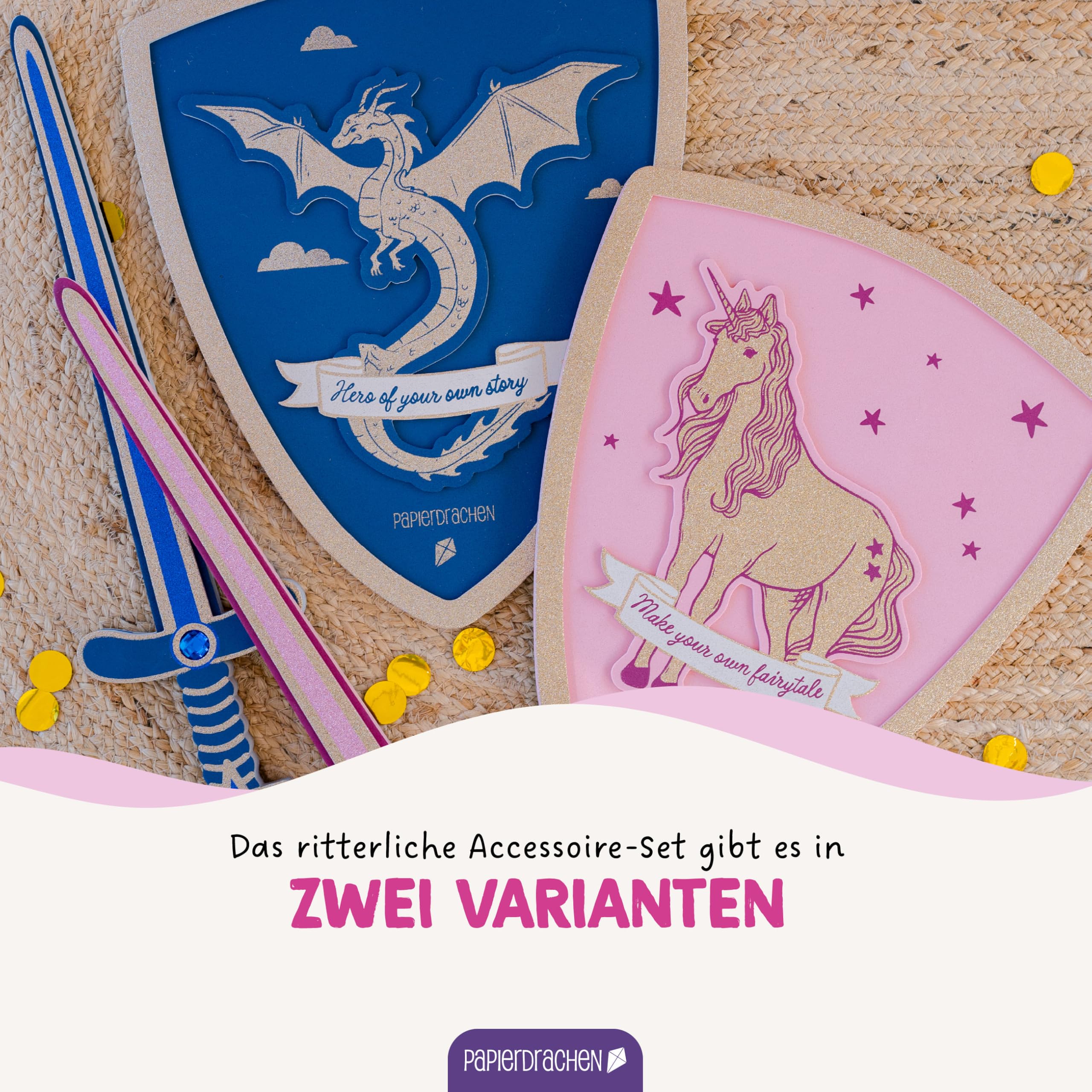 Papierdrachen Schwert und Schild für Kinder - Motiv Drache - Schriftzug Hero of your own story - blau und gold - Verkleidung - Ritter - fantasievolles Spielen