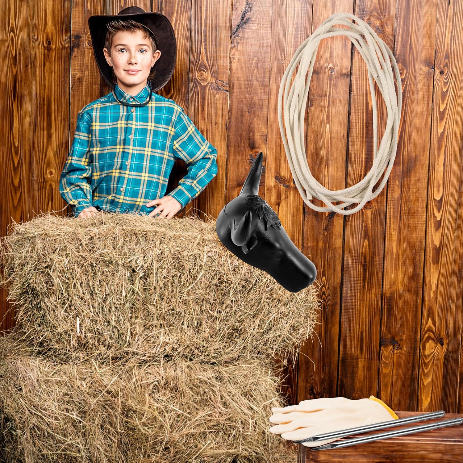Crowye Small Roping Dummy Plastic Junior Steer Head Dummy Set Horn Spread 11" Complete Rodeo Kit Roping Dummies Steer Head Soft Cotton Lasso Rope Gloves Steel Rods for Junior Practice