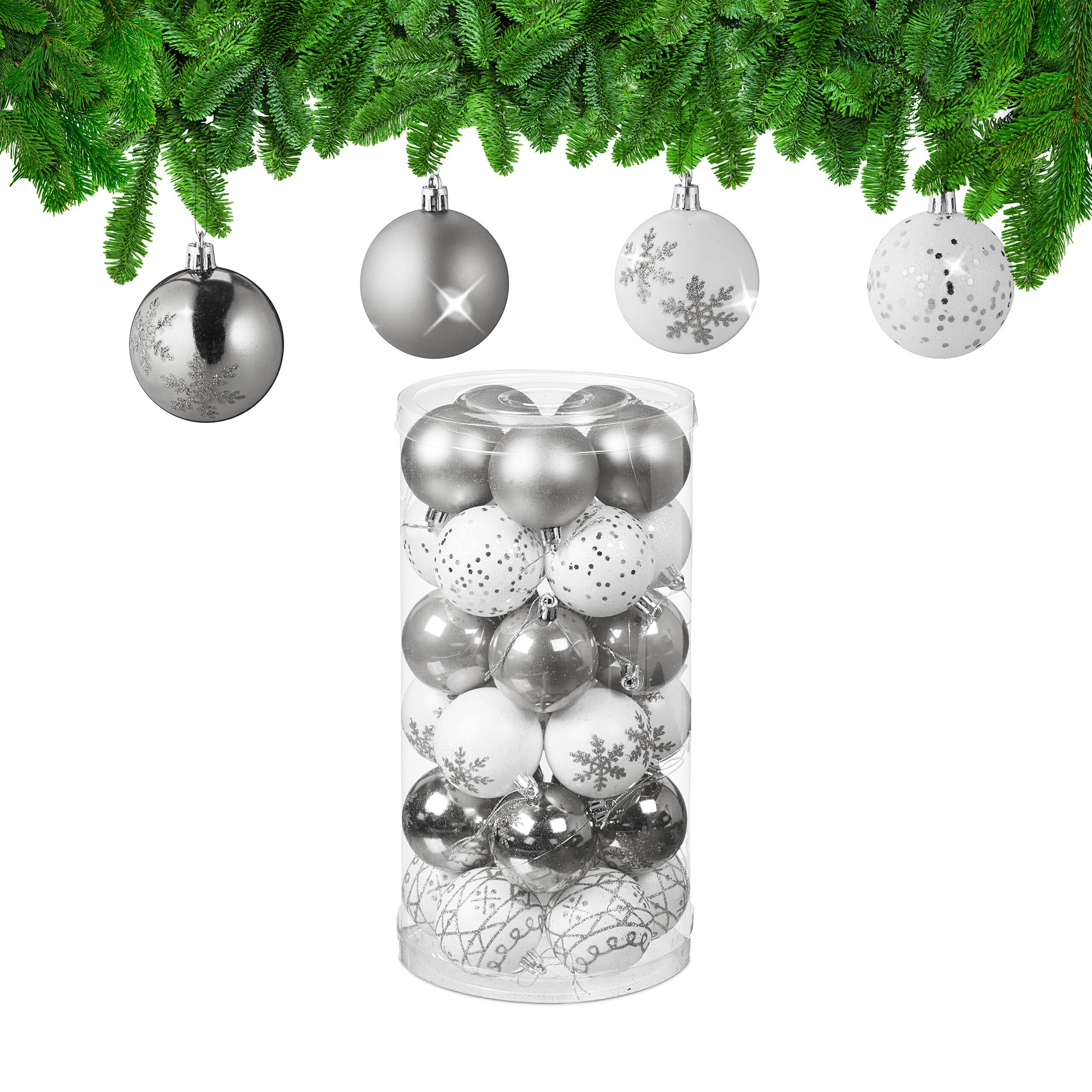Boules de Noël paillettes mates brillantes argent blanc plastique de 6 cm