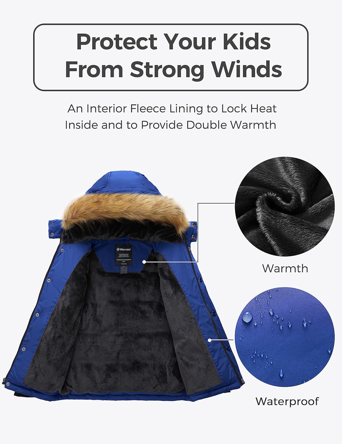Wantdo Boys' Winter Coat Warm Puffer Coat Waterproof Winter Jacket with Faux Fur Hood - Image 5