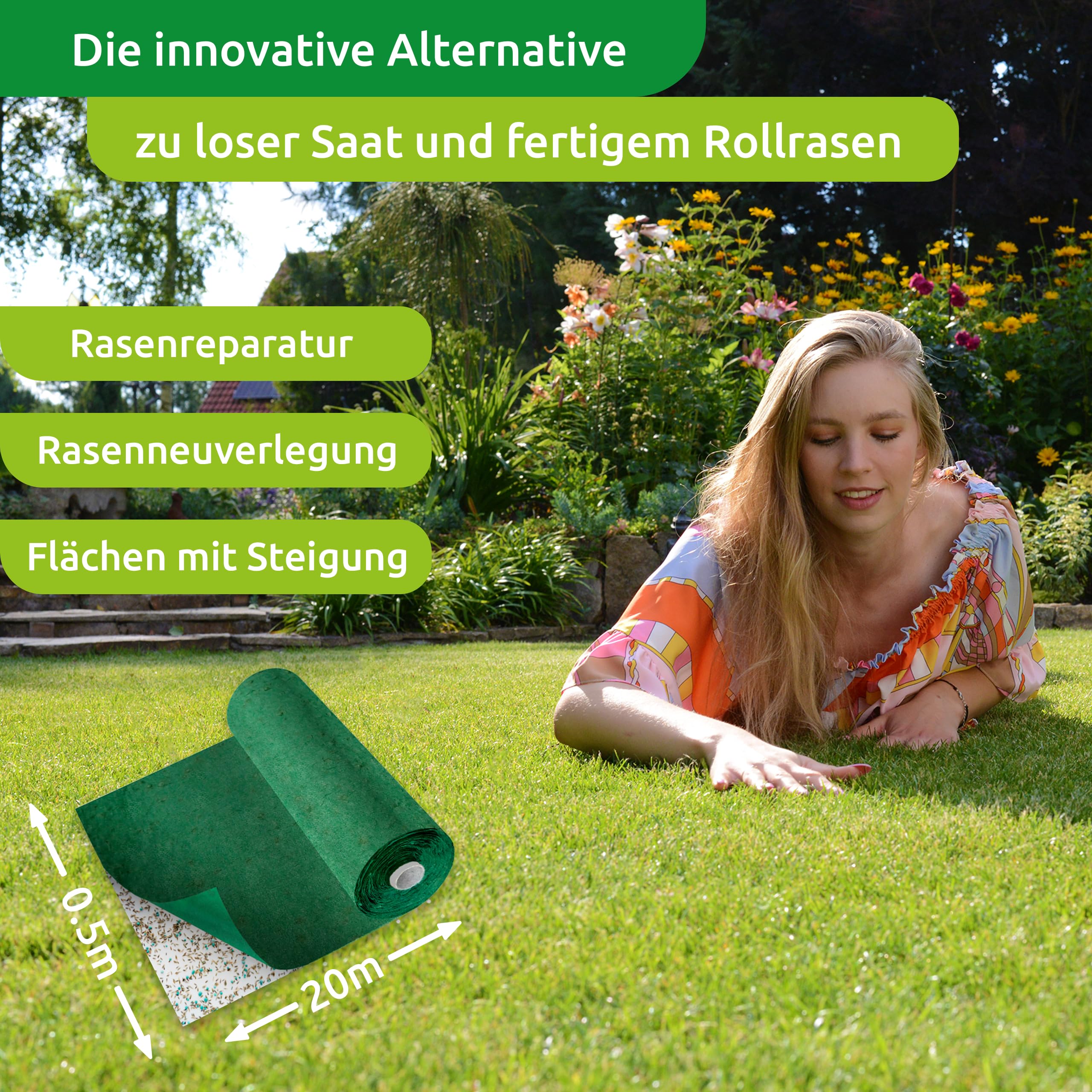 Rasensamen Matte inkl. Rasendünger und Hydrogranulat, schnellkeimend, Grassamen, Rasen, Rollrasen, Rasensaat, ideal für Nachsaat und Neuansaat, biologisch abbaubar, 10m²