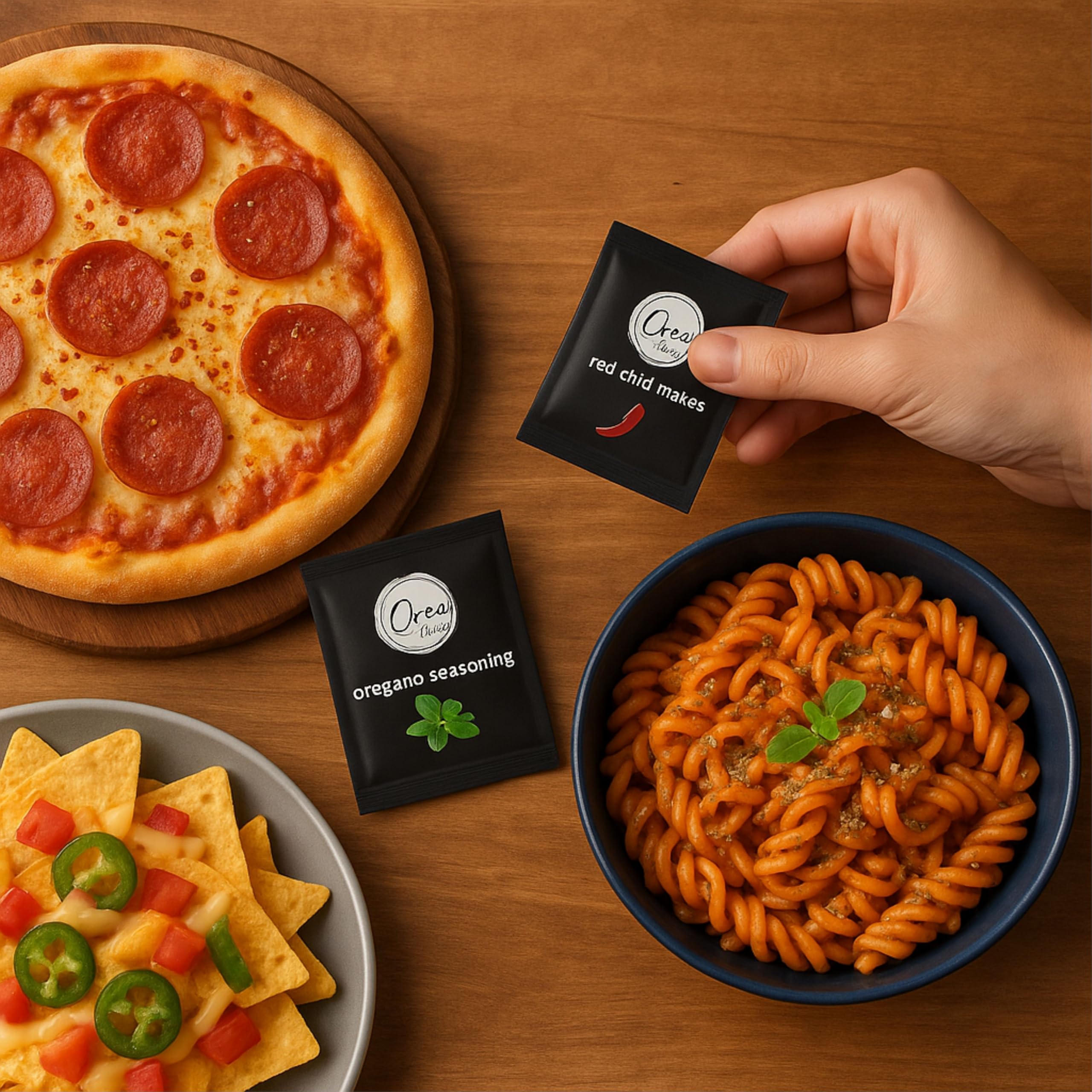 Orea Farm 300 Pizza Seasoning Sachets, Oregano Seasoning Sachets 150, Red Chilli Flakes Sachets 150 for Pizza, Pasta, Salads & Snack Seasoning, 0.8 Gram Each Sachets - Image 4 thumbnail