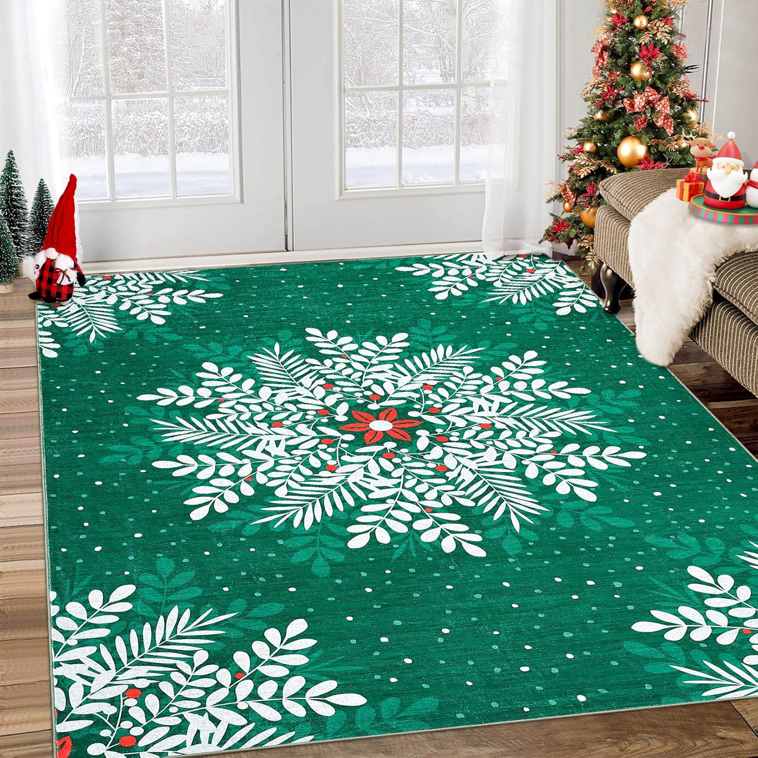 GarveeHome Christmas Snowflake Area Rug,3x5 Rug Washable Non Slip,Christmas Rugs for Living Room, Low Pile Throw Rug Carpet for Nursery Living Room Dorm Dining Room Green