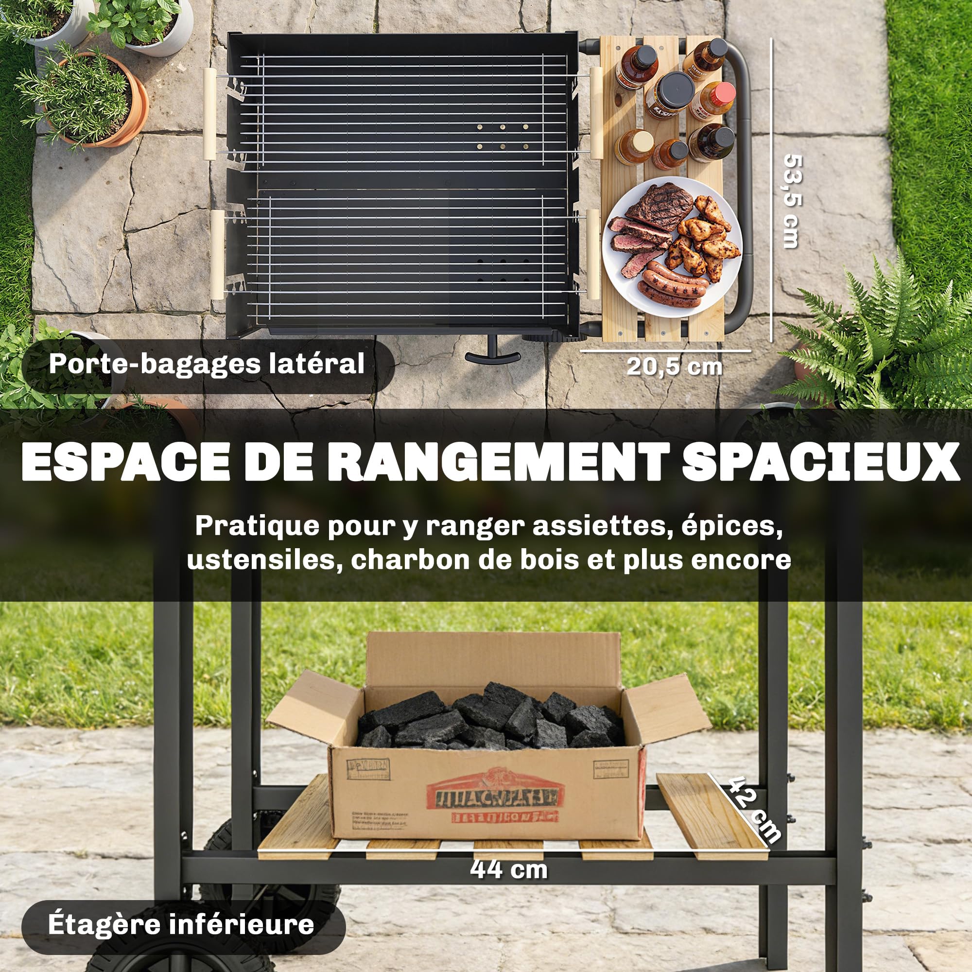 Outsunny Barbecue au Charbon de Bois avec 2 Grilles Réglableset 3 Accessoires, Chariot à Barbecue de Bois, Tablette Latérale, Récupérateur de Cendres et Roues, pour Jardin, Terrasse, Camping, Noir