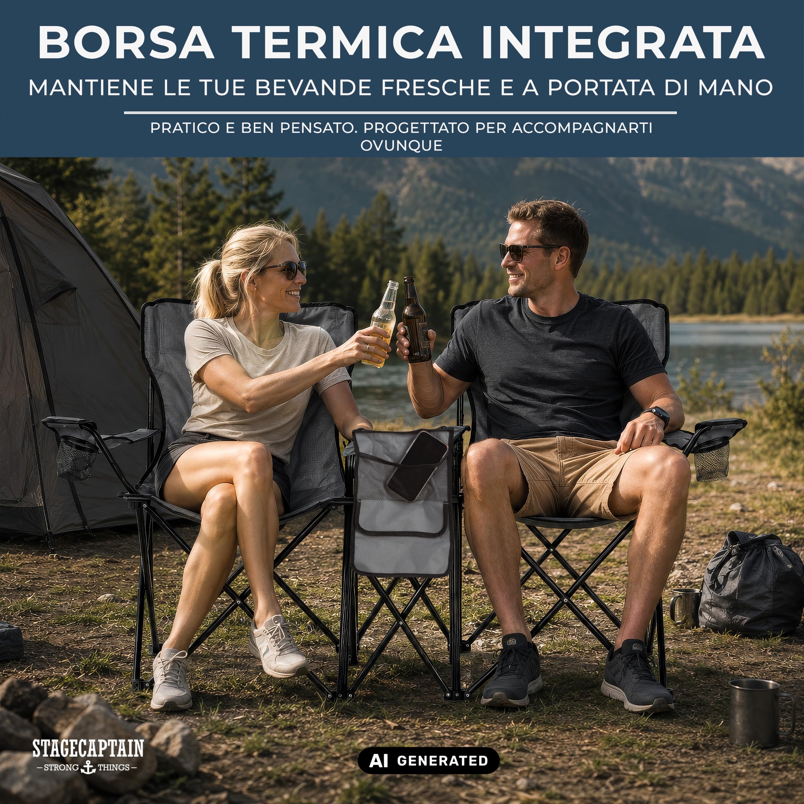 Stagecaptain CS-1485 Sedia da Campeggio Doppia, Tasca esterna spaziosa | Sedia da campeggio doppia in tessuto Oxford 600D, Perfetta per campeggio, festival, picnic ed escursioni, Dimensioni, 5 cm