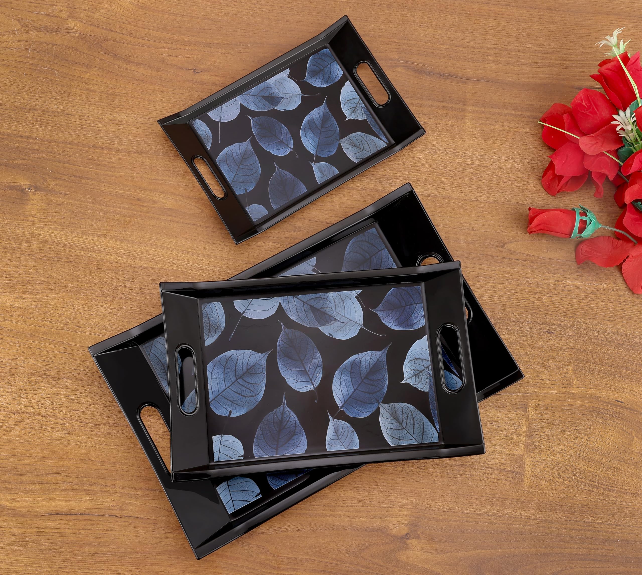 Decorative Serving Trays Set, Black with Blue Leaf Pattern, 3 Nesting Sizes — Amazon image 5