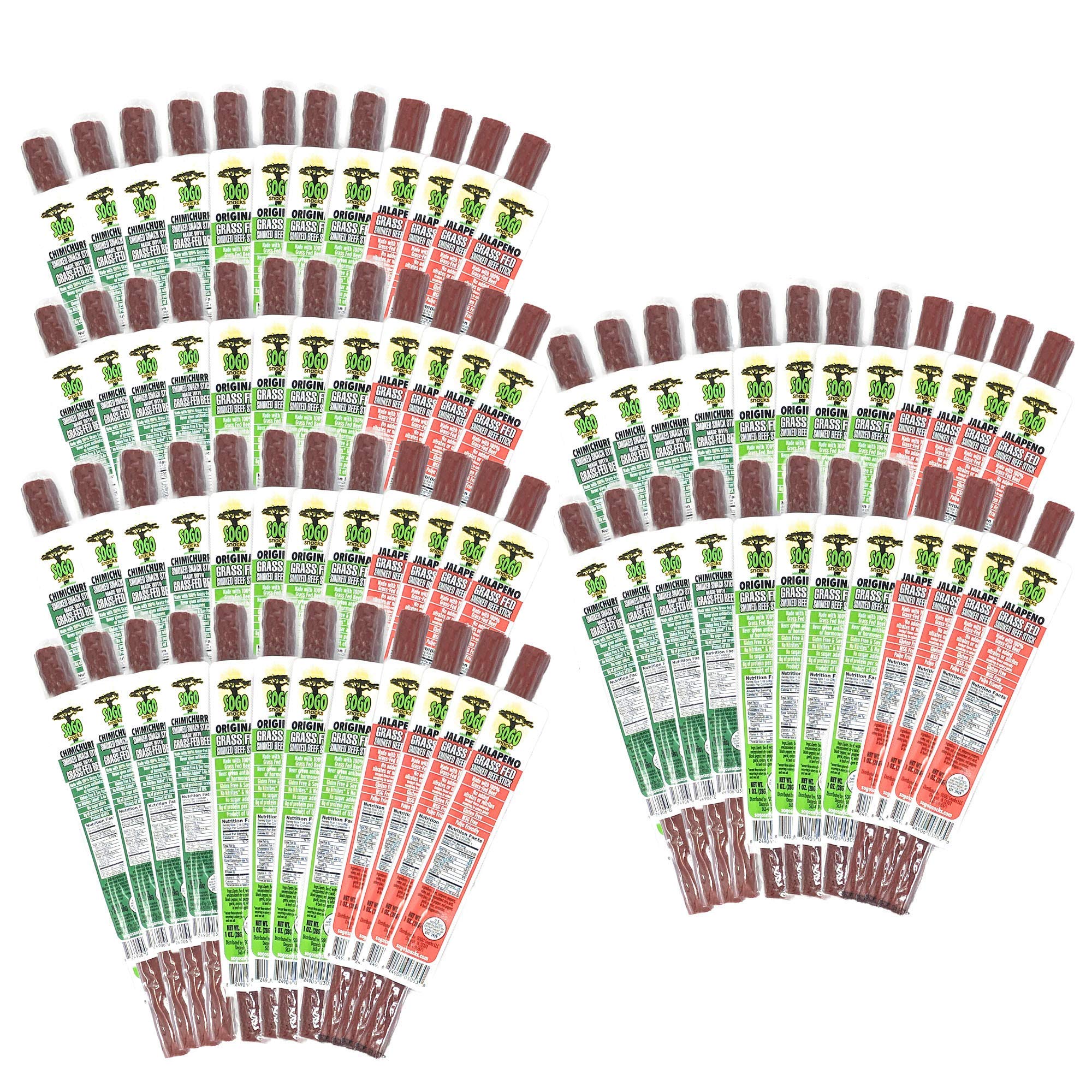 Sugar-Free Beef Jerky Variety Pack, Sogo Snacks, 100% Grass Fed Beef Sticks. Non-GMO, Low Calorie High Protein Meat Sticks. No Added Nitrates, Gluten, Soy, MSG, Dairy or Nuts. Paleo, Whole30, Keto Snack. (24 Original, 24 Chimichurri, 24 Jalapeno, 72-Cnt, 1-oz Sticks)