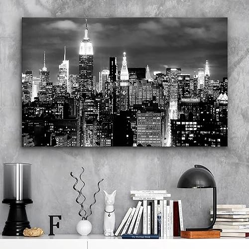 1 Panel of 20x30 inches Canvas Prints Wall Art Pictures Framed New York NYC City black & White night Skyline Cityscape Home Decor Living Room