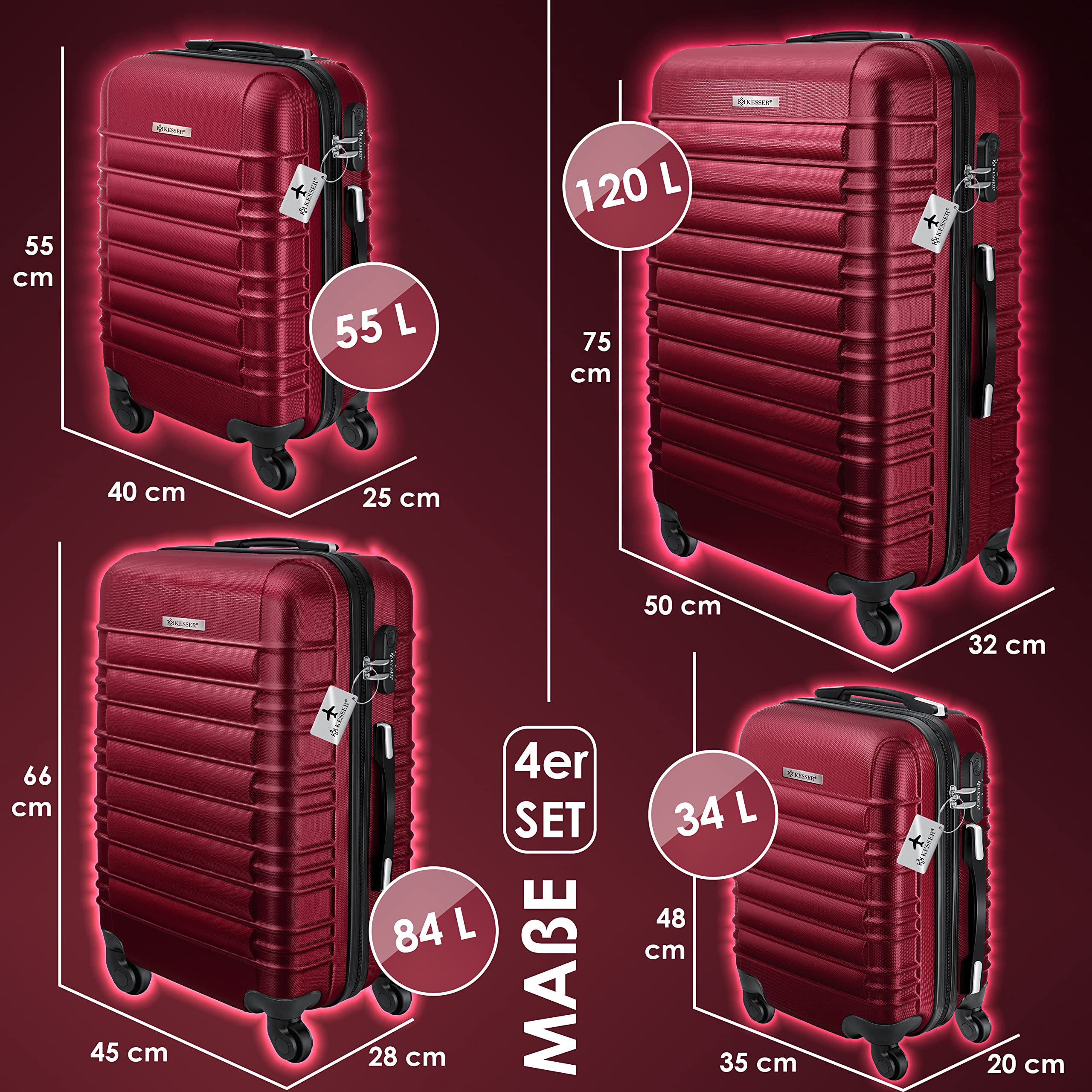 KESSER® Set di 4 valigie rigide, valigia da viaggio, set valigia trolley incl. bilancia per bagagli + etichetta per bagagli, serratura, 4 ruote ABS guscio duro manico telescopico S-M-L-XL