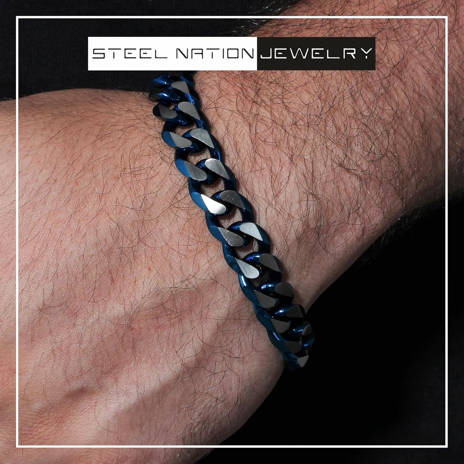 Men's 8.5" Stainless Steel Beveled Cuban Bracelet with Blue Finish - Sleek & Modern Design - Image 2