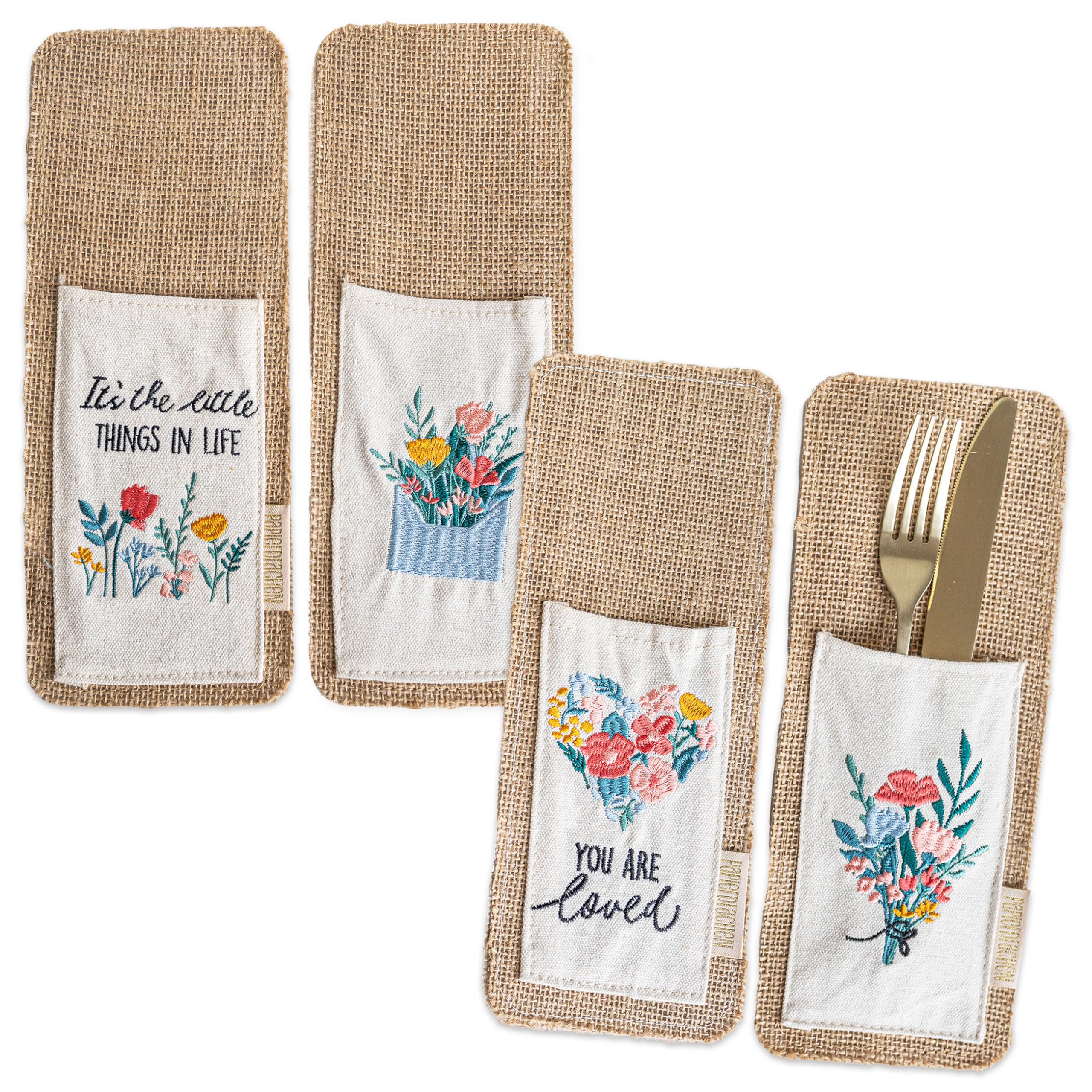 Papierdrachen 4er Set Bestecktaschen aus Jute mit Blumenstickerei und Inspirierenden Botschaften, 10cm x 26,5cm - Nachhaltig & Stilvoll - Frühlingsdekoration Set 1