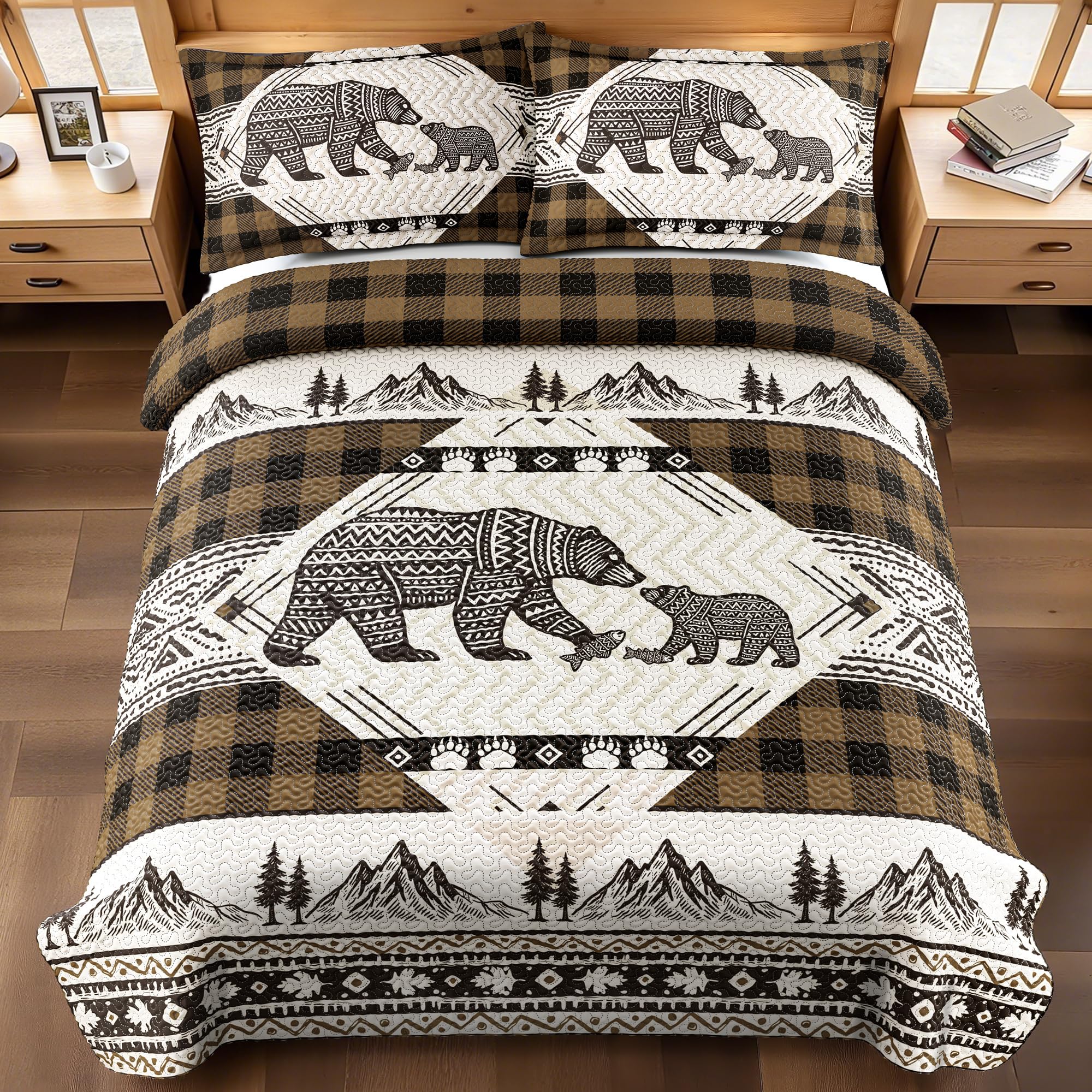 3 Piece Cabin King Size Quilt Sets Farmhouse Rustic Reversible Microfiber Soft Lightweight Bedspread Comforter with 2 Shams Patchwork Country Lodge Bedding Quilts Set for All Season, 106''x96'', Brown