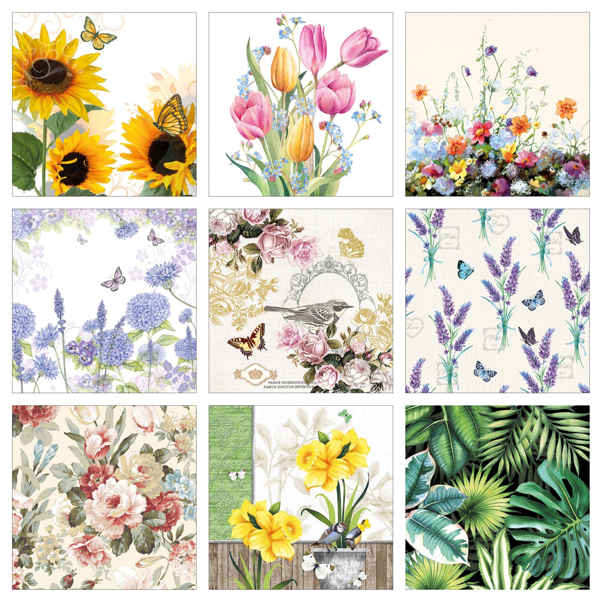 Decoupage Tissue Paper Napkins Flower Bird Butterfly House Print Set20-9 Decoupage Tissues -1 napkins of each design - total 9 pc