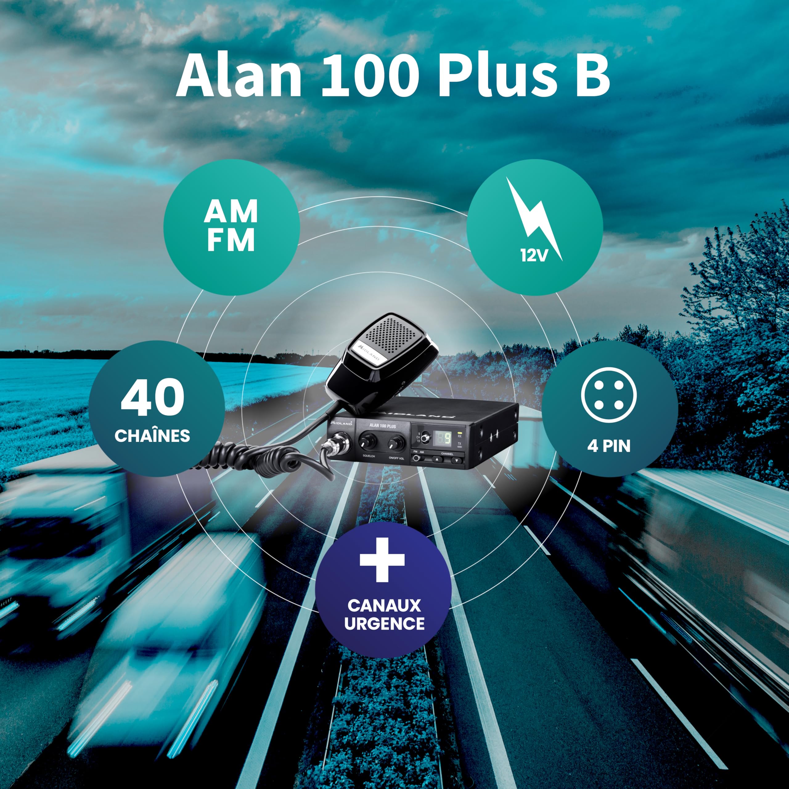 Midland 100Plus B - Radio CB 40 Canaux AM/FM, Display avec Boutons Up-Down, Signalisation Lumineuse, Installation DIN, Micro Microphone 4 PIN, Support et Vis