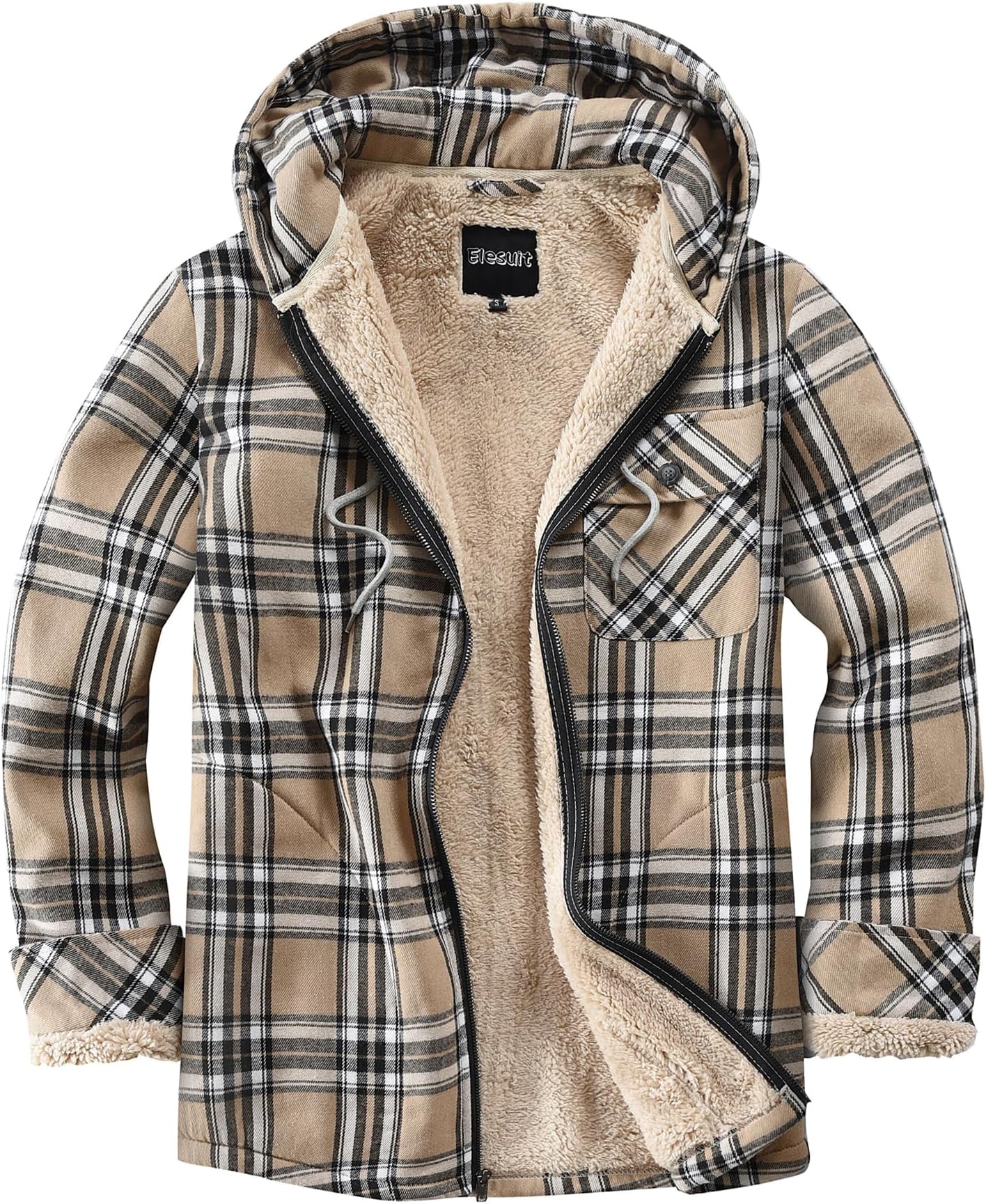 Elesuit Men's Full Zip Fleece Flannel Jacket Shirt Plaid Cotton Hoodie Coat