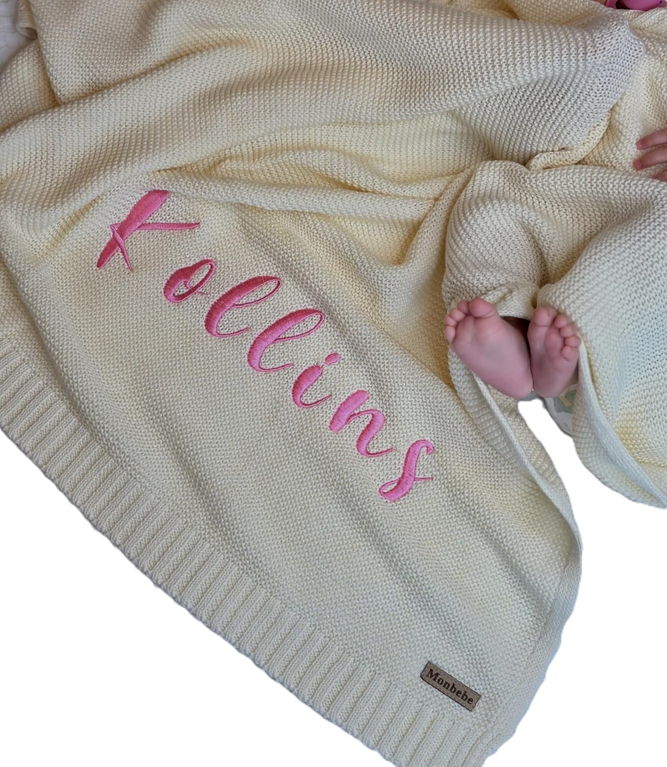 Monbebe Personalized Baby Blanket with Name | Custom Newborn Gift | Embroidered Infant Blanket | Soft Cotton Knit Swaddle | Monogrammed Baby Bedding | Boys and Girls Crib Throw (Cream)