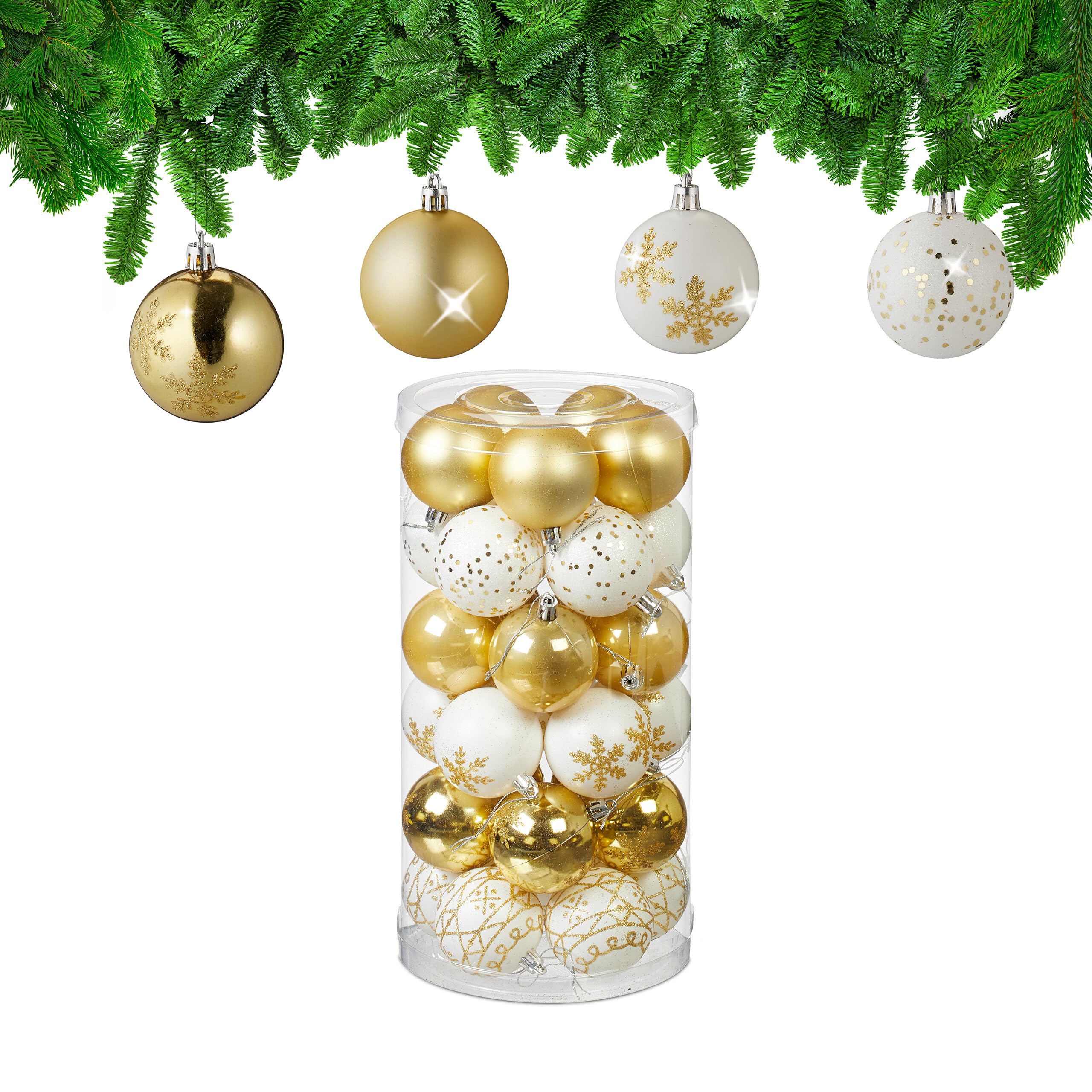 Relaxdays Set 30 Bolas Navidad, Decoración Navideña, 6 cm, Brillante, Adornos Árbol, Plástico Irrompible, Dorado/Blanco, 7 x 6 x 6 cm