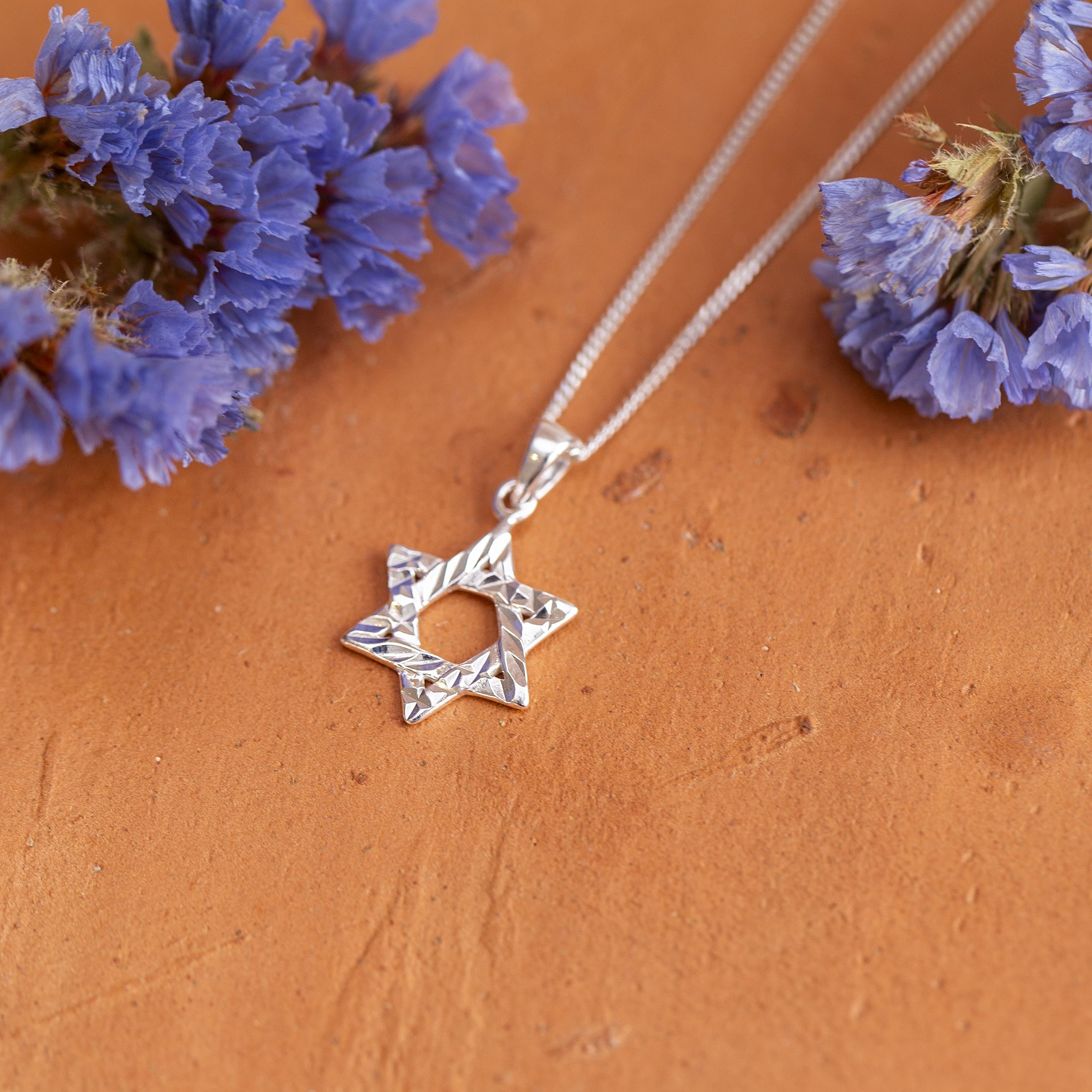 Tuscany Silver Ciondolo a Stella di David in argento sterling con taglio diamante su catena curb da 46 cm/18 pollici, per donna