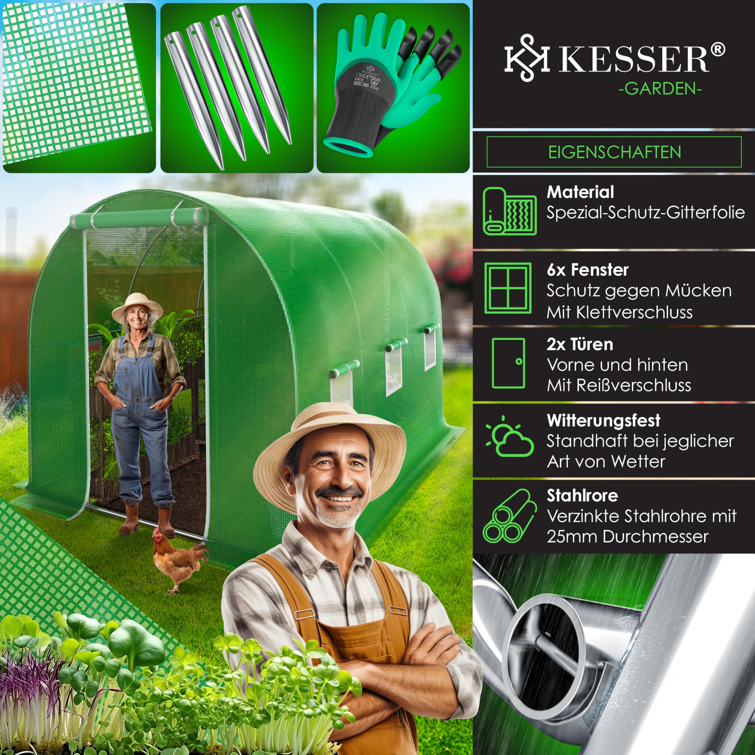 KESSER® Folien-Gewächshaus Stabil mit 6 Fenster mit Moskitonetz & Tür | Gartentunnel mit Rahmen aus verzinktem Stahl | Folientunnel 170g/m² inkl. Erdanker Handschuhen & Seilen | 200x300cm Grün