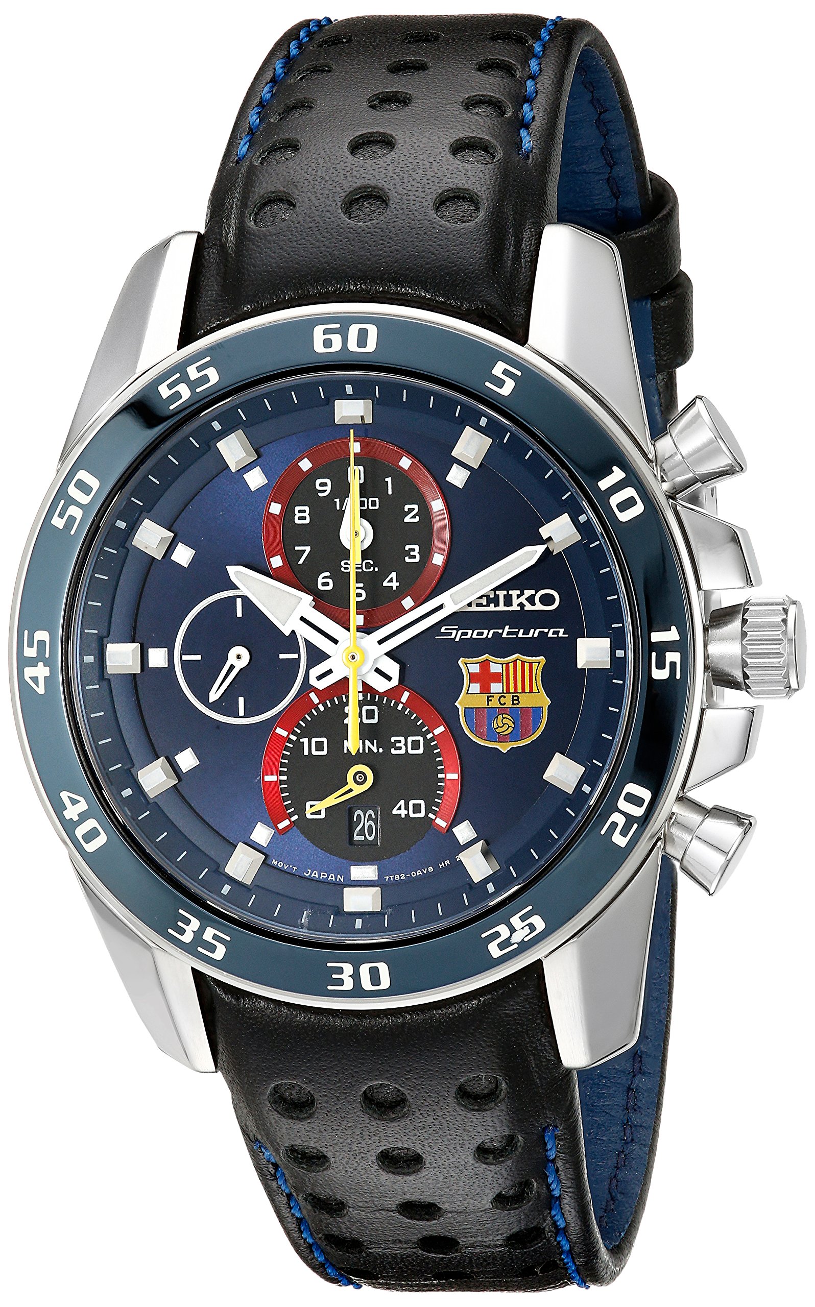 Seiko Sportura FC Barcelona Chronograph Watch on a white background, showcasing its blue dial, black leather strap, and stainless steel case.