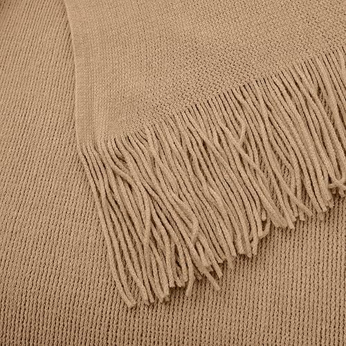 Miniatura 7 de Vonty Manta de punto marrón claro con borlas y flecos, 50 x 60 pulgadas, manta de punto súper suave, manta ligera decorativa de granja para sofá,