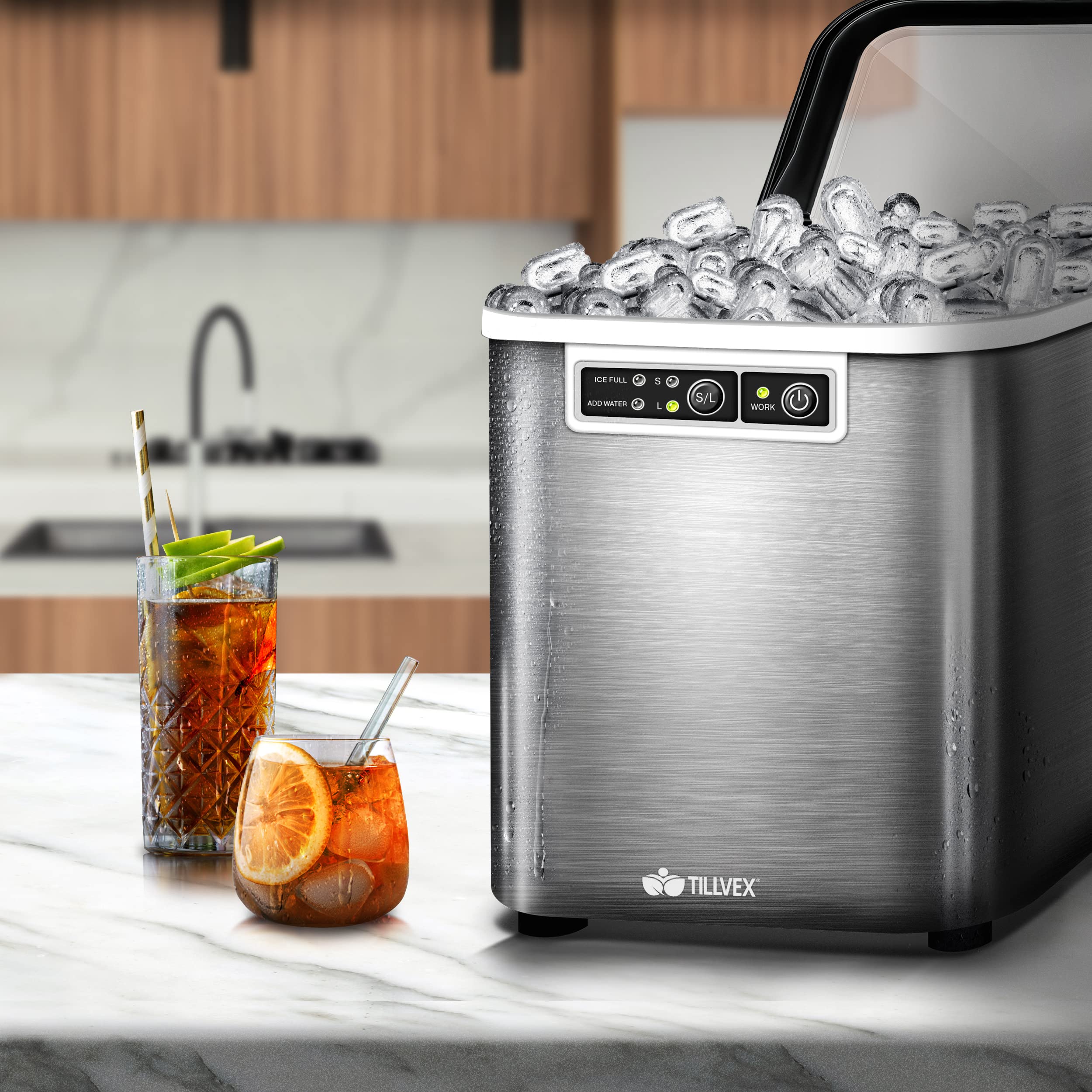 tillvex Macchina per Ghiaccio 12 kg - 24 h | da Casa in Acciaio Inossidabile | Professionale | 2,2 L Serbatoio d'Acqua | Display LED, Autopulizia | 2 Misure di Cubetti