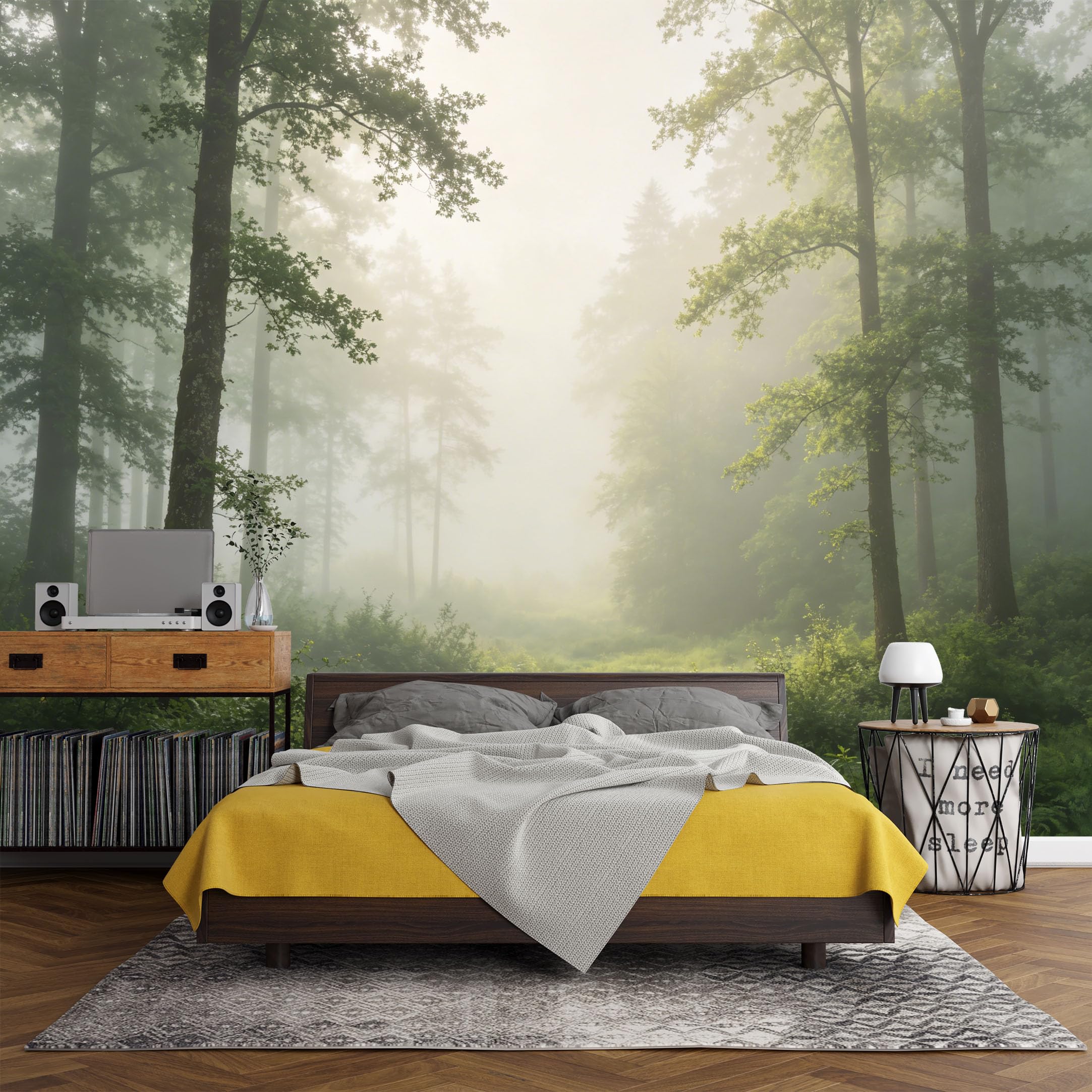 Custom Size Wall Mural， Forest Mist Morning Light Woodland Landscape Nature Trail，SelfAdhesive Art Prints wall Fabric (No PVC) Removable Wallpaper Living Room Decor