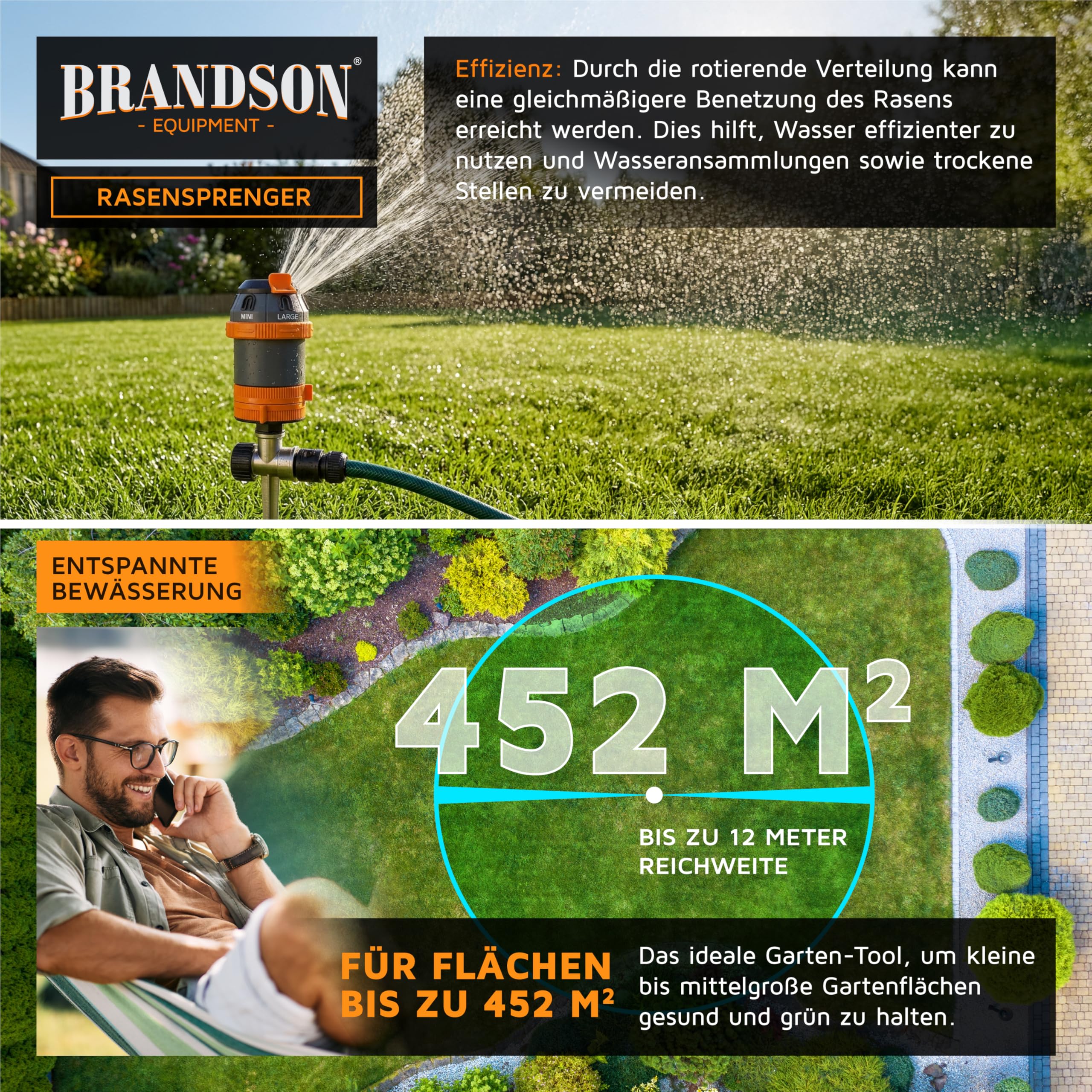 Brandson – 360 Grad Rasensprenger 3/4 Zoll - 6 Sprühmuster - Rasensprinkler für große Flächen – Gartensprenger - Bewässerungssektor 5°-360° – einstellbare Sprühhöh – für Garten Rasen Pflanzen Beete