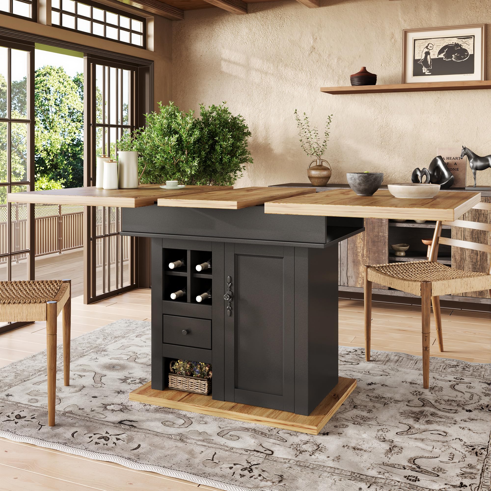 FammyLoft Extendable Dining Table 4-6 Seater, Kitchen Table with Height-adjustable Shelves, Telescopic Tables with Wine Rack and Drawer for Kitchen and Living Room, 110-140*80*75cm, Balck(No Chair)