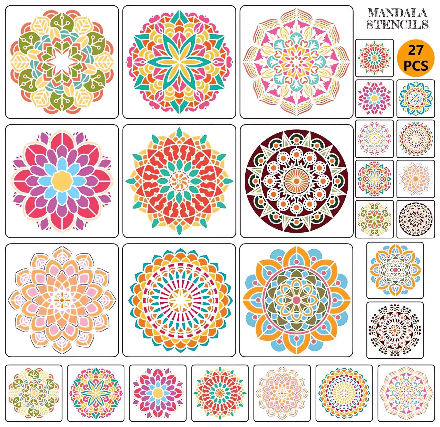 Mandala Stenils for Painting on Wood, 27Pcs Large & Small Mandala Stencils for Crafts, Plastic Reusable Multi-Size Rangoli Stencils for DIY Projects &