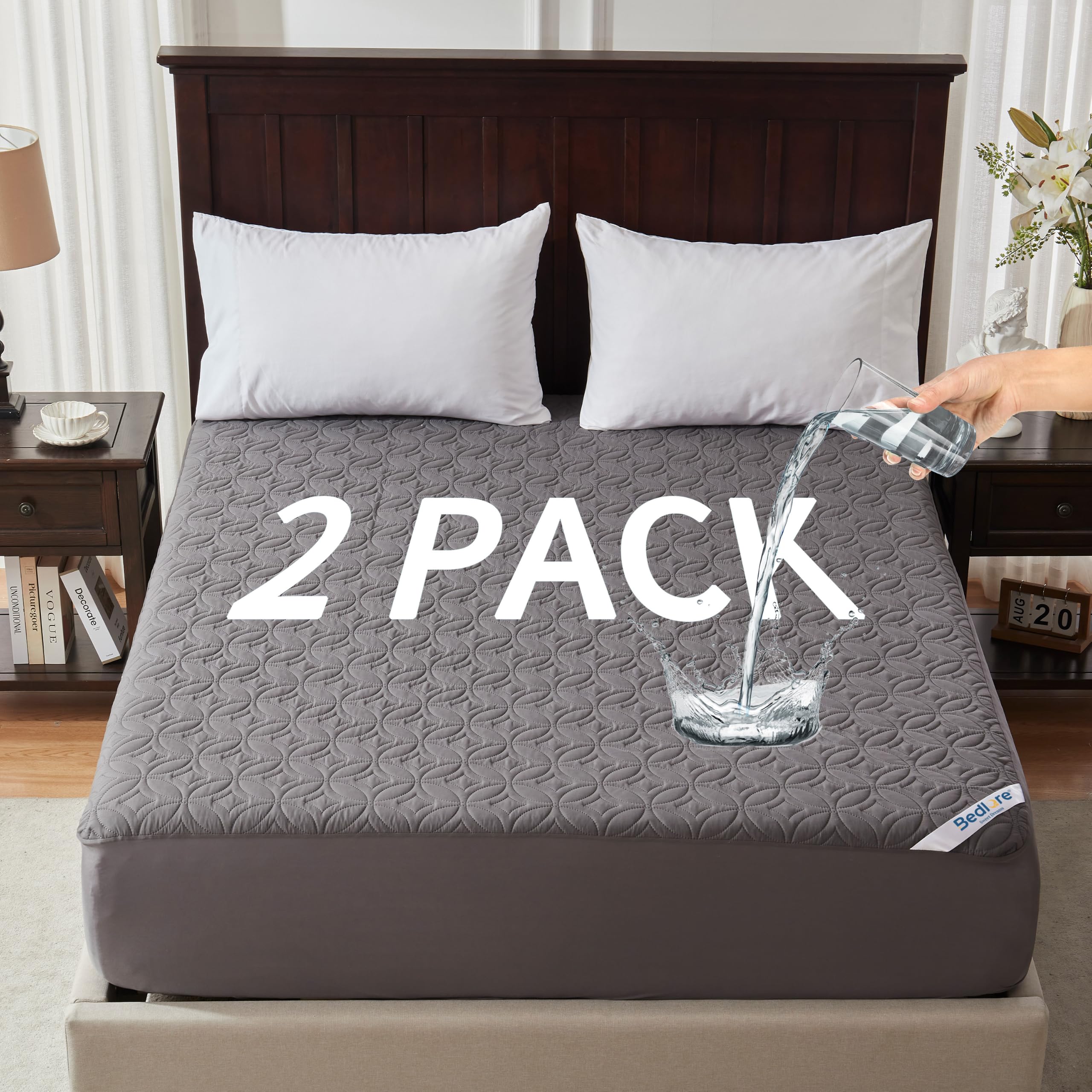 Photo 1 of 2 Pack Waterproof Mattress Protector, Twin Size Mattress Pad with Deep Pocket 6"-15" Depth, Soft Breathable Dirt-Proof Single Bed Mattress Cover for Bedroom, Dorm Room (Gray)
