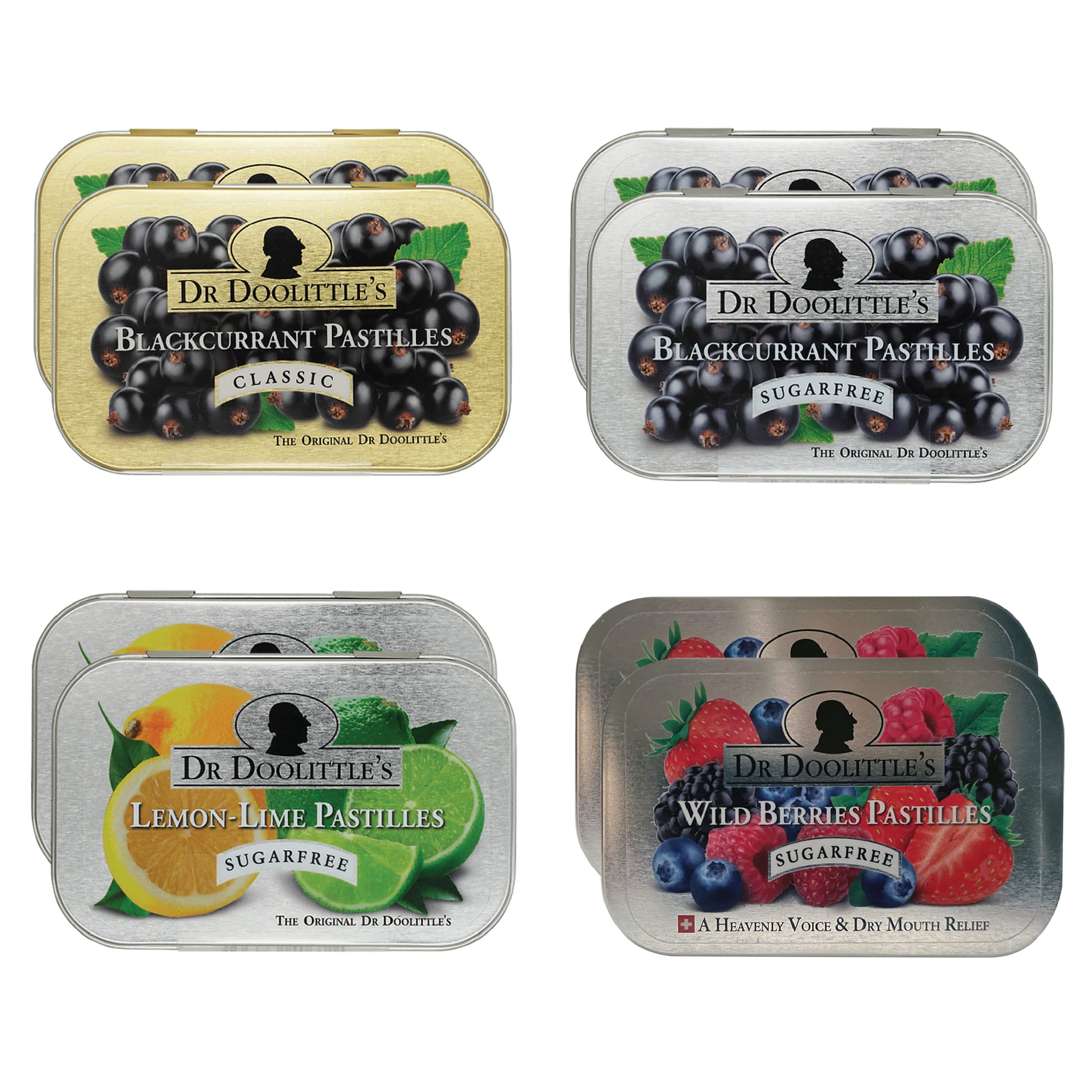 DOOLITTLE Soft Fruit Pastilles Classic and Sugar Free Variety Pack for Voice and Throat, Blackcurrant, Lemon Lime, and Wild Berries, 2.12 Ounce Tin, Approximately 25 Count Package, 8 Pack