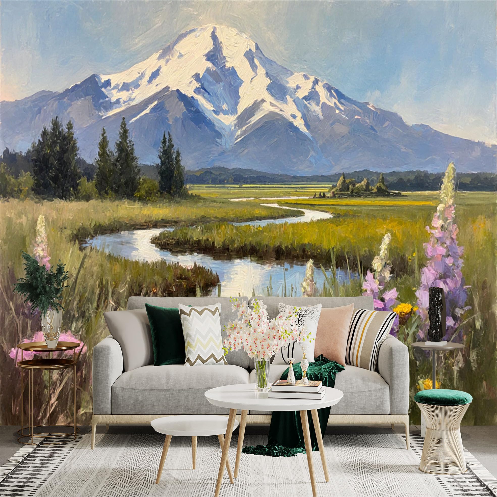 Custom Size Wall Sticker Mural， Snowy Mountain with Meadow River and Wildflowers， Scenic Nature Landscape， for wall Decoration， peelandstick wall Decals.