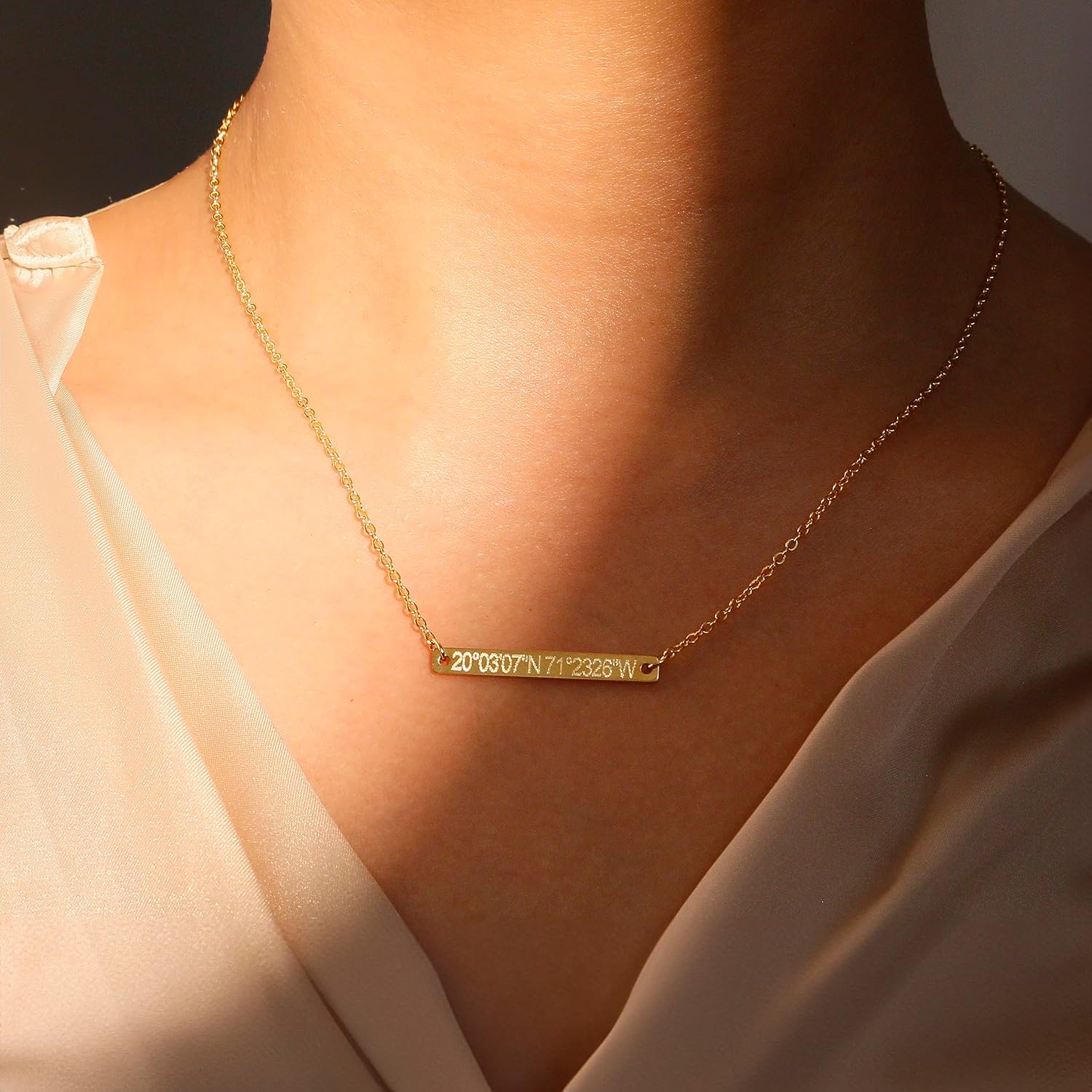 Petite Boutique Personalized Gift Coordinate GPS Necklace GPS Coordinate Personalized Gold Silver and Rose Gold Bar Plate with Delicate Dainty Charms