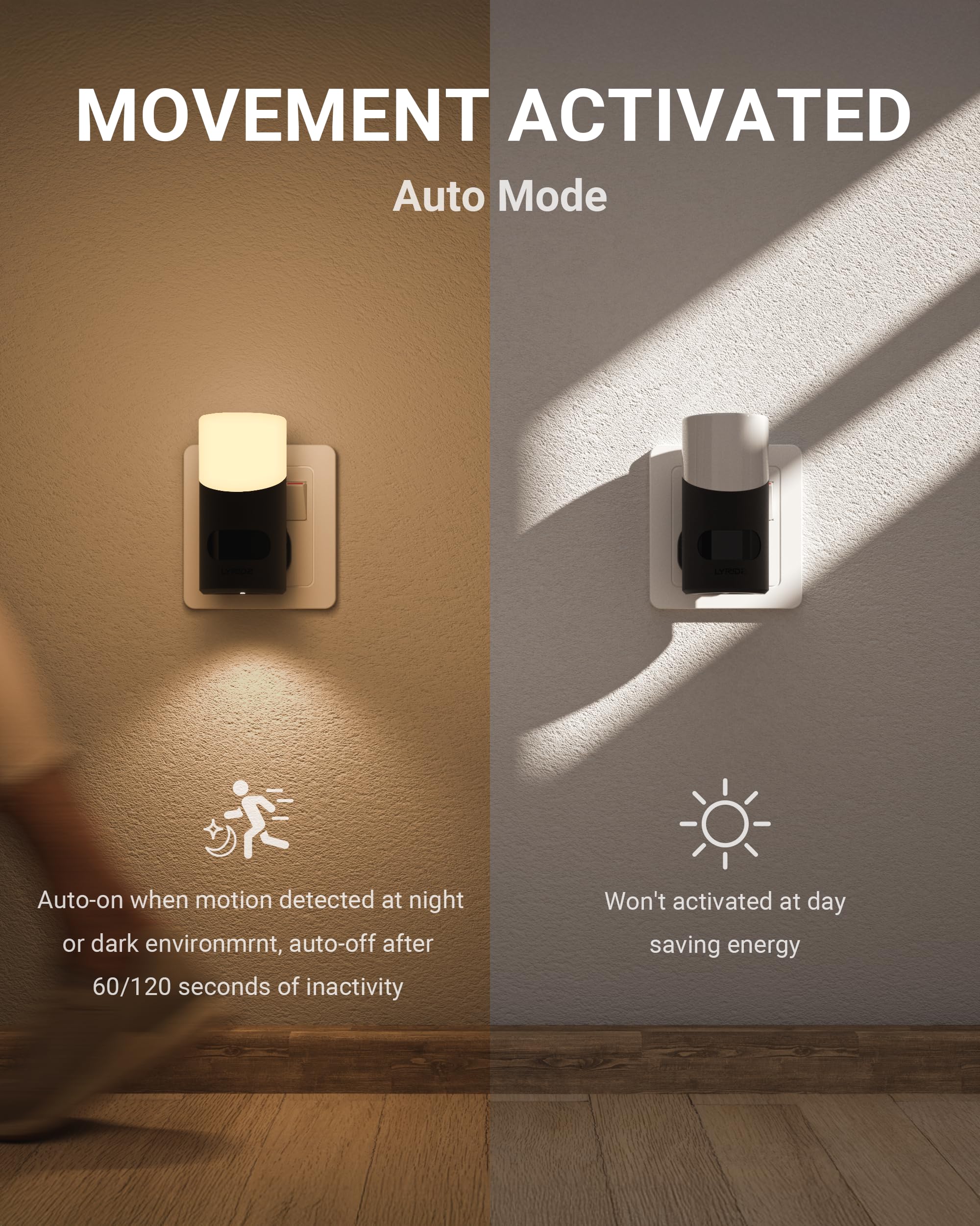 Lyridz Motion Sensor Lights Indoor with Up-and-Down Glowing, Dimmable Night Light Plug in Wall Warm White - Image 3