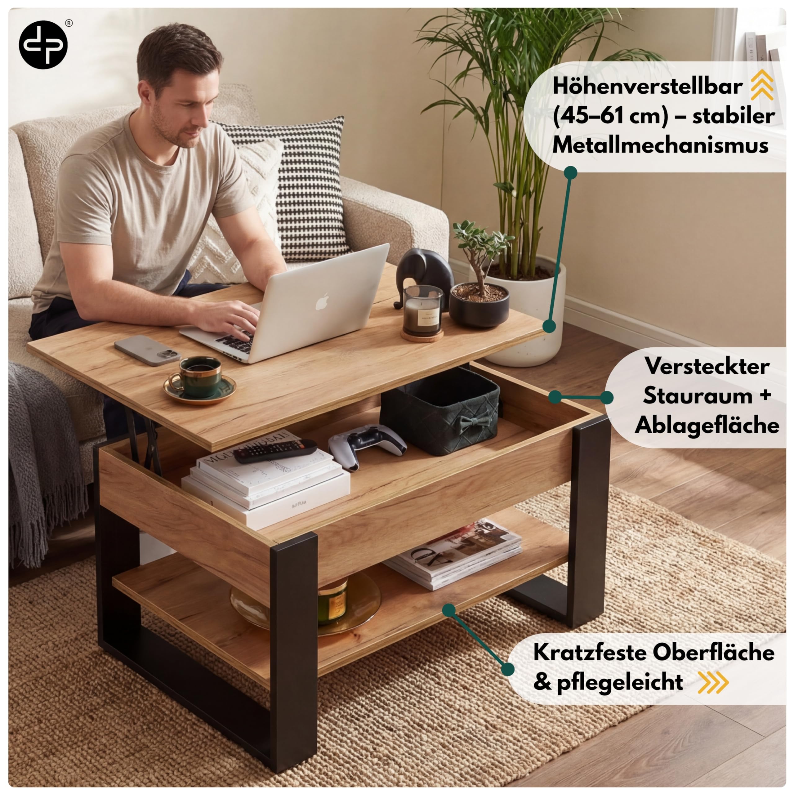 defiPad Couchtisch Höhenverstellbar mit Stauraum, Wohnzimmertisch Eiche-Schwarz mit hochziehbarer Tischplatte, verstecktem Fach und Ablage, 92 x 51 cm