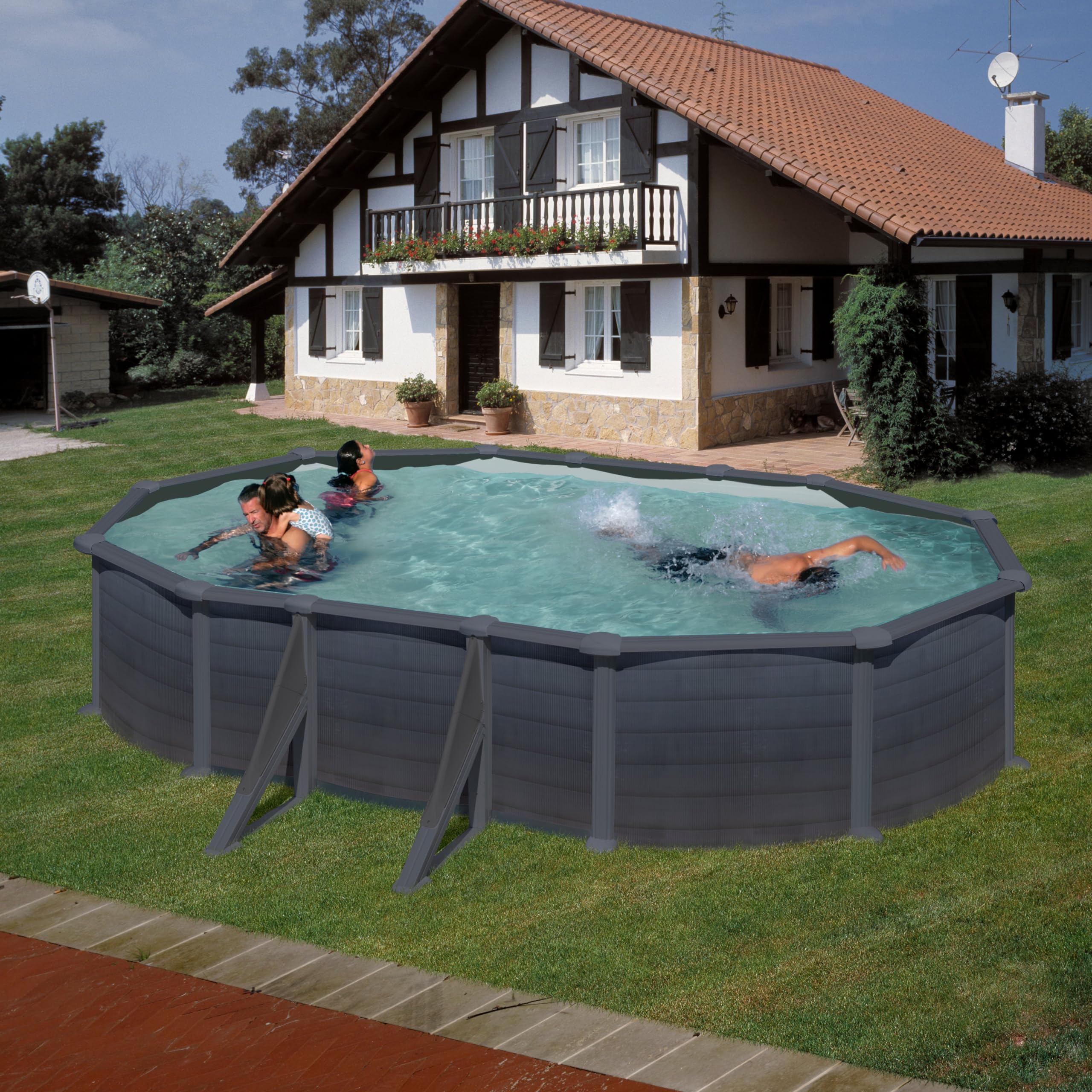 Piscina Gre KITPROV618GF Granada. - Piscina fuori terra in acciaio, ovale in acciaio, colore grafito. Piscina scomponibile per Giardino. 610 x 375 x 132 cm