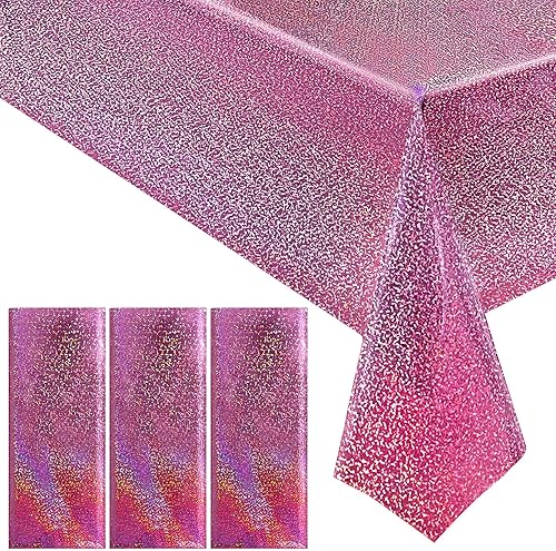3 manteles holográficos con láser rosa intenso, fundas de mesa brillantes de 40 x 108 pulgadas, manteles rectangulares desechables de papel de