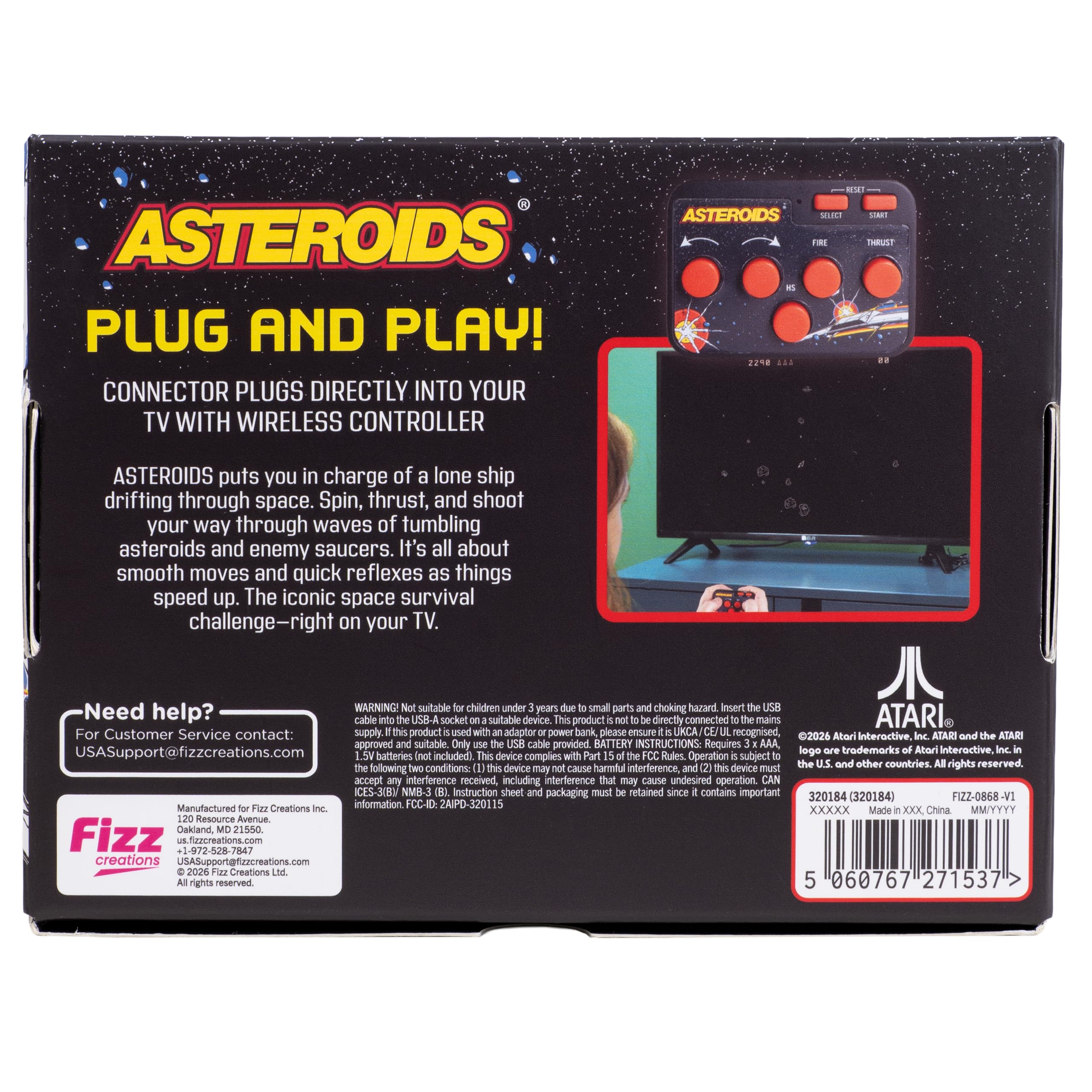 Fizz Creations Asteroids Plug & Play HDMI Arcade konsola do gier z bezprzewodowym kontrolerem. Klasyczna gra retro do telewizora, rodzinne gry retro, prezent nostalgiczny.