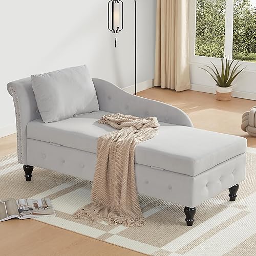 Chaise Lounge para interiores con almacenamiento, moderna silla de salón copetuda con ribete de clavos, sofá tumbona tapizado con almohada para sala